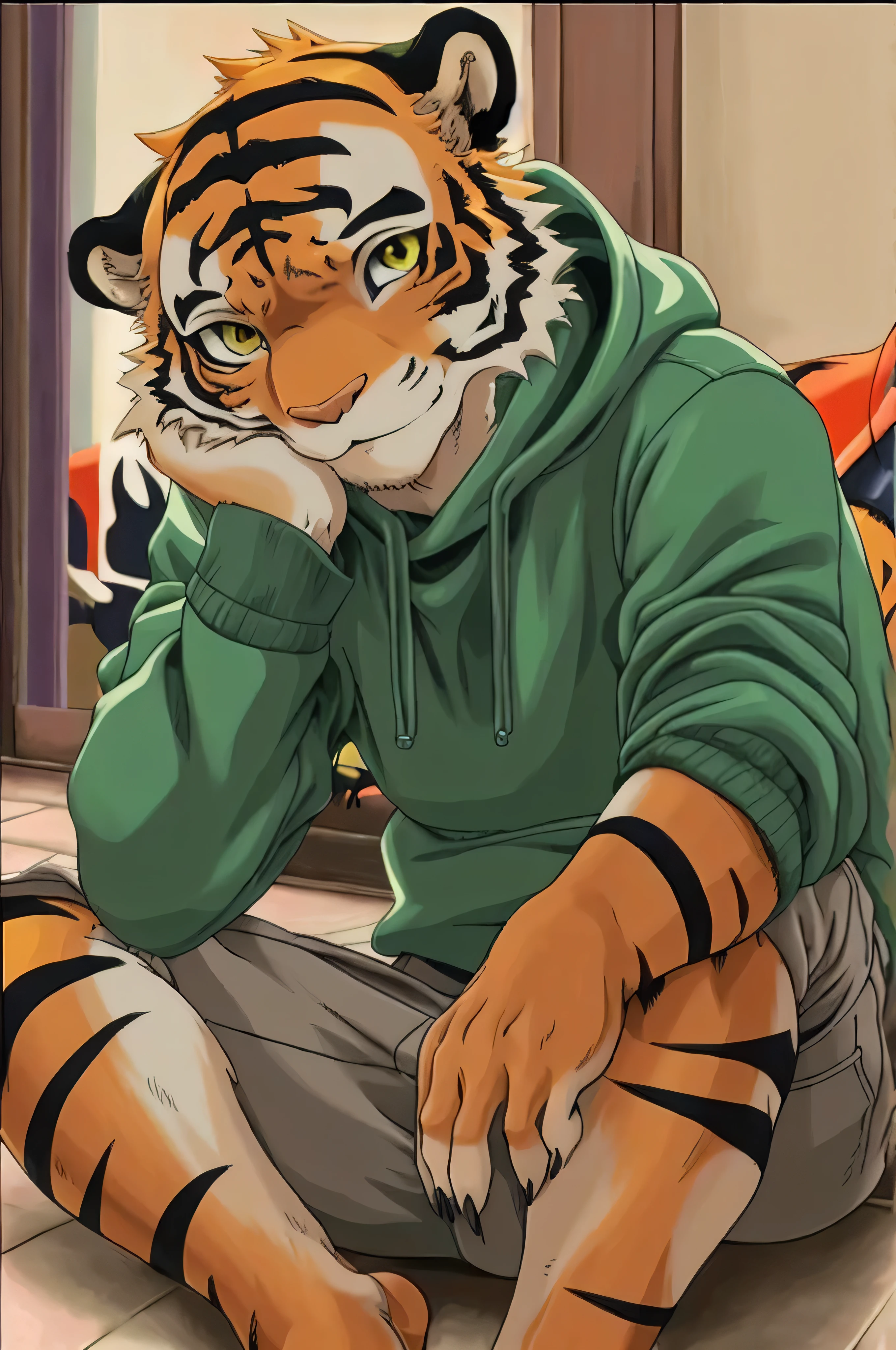 there is a cartoon tiger sitting on the floor with his head on his hand, anthropomorphic tiger, ((tiger)), high quality fanart, inspired by Taiyō Matsumoto, anime realism style, sly smile, coy smile, painted in anime painter studio, realistic anime art style, in anime style, casually dressed