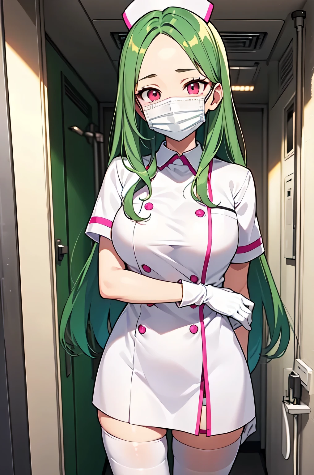 1woman, solo, nurse, white nurse cap, white nurse uniform, ((white legwear, zettai ryouiki)), white gloves, forehead, long hair, green hair, pink eyes, ((white surgical mask, covered nose)), standing, ((hospital room)), sharp outline, short sleeves, mature female, 35 years old, best quality, masterpiece