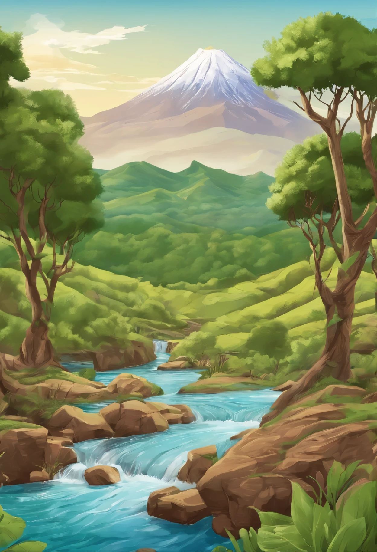 Comienza dibujando un valle verde y exuberante, with hills and tall, leafy trees. Be sure to include details like wildflowers and bushes in the foreground to give depth to the image.
En el centro del valle, draw a large volcano with its characteristic conical shape and a small column of smoke at the top. You can use gray and brown tones to represent the volcanic rock.
Ahora, adds a river flowing through the valley. You can draw small waterfalls or rapids to make it more visually interesting..
on the river, draw a canister of purified water floating. Puedes hacerlo destacar usando colores brillantes y reflejos de luz para representar su pureza y frescura.
Para darle un toque adicional, you can draw birds flying above the valley or animals drinking water from the river to add movement and life to the image.
Finally, Add promotional text to the bottom or top of the image. Puedes utilizar fuentes llamativas y colores que combinen con la paleta de colores de la imagen para que se destaque.