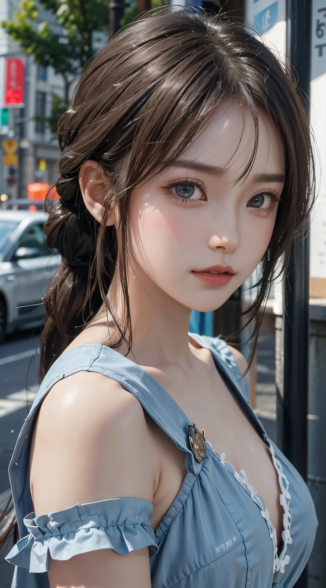 masterpiece, a beautiful girl, delicate eyes, puffy eyes, top quality, Ultra high resolution, (actual: 1.4), light, Japanese, asian beauty, Korean, very beautiful, Beautiful skin, thin and long, Body facing forward, (Ultra actual), (high resolution), (8k), (Very detailed ), ( Best Illustration), (Beautifully delicate eyes), (Ultra-detailed), (wallpaper), Detailed face, light明亮, professional lighting, looking at the audience, facing forward, long hair, high ponytail, spilt bangs, tidy outfits, background slightly blurred, street trees, Hair color bright blue, skirt, crying emoticon , sad expression,