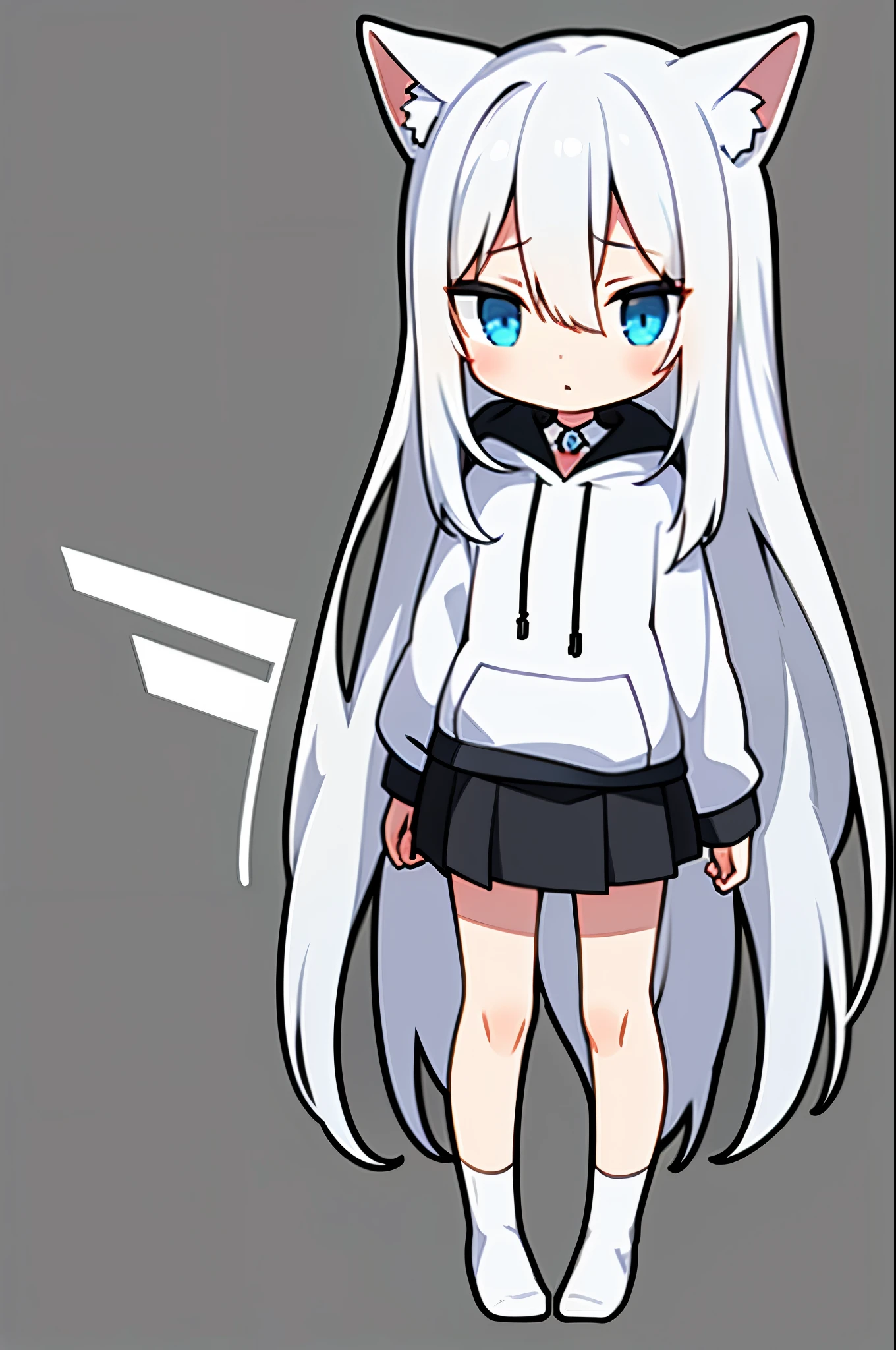 1girl, anime girl, silver white hair, long hair, blue eyes, white hoodie, black skirt, short skirt, shoes, black sock, long sock, full body, blank background