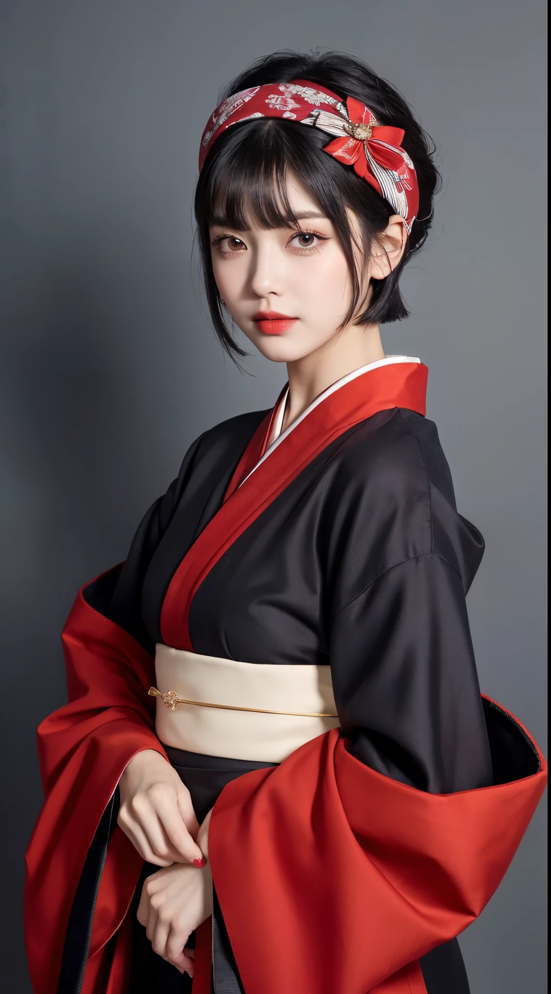 ulzzang-6500-v1.1, (RAW photo:1.2), (Photoreal), (genuine:1.4), (muste piece), Classy woman with perfect figure: 1.3, jet black hair、((Straight bob cut hair with neatly trimmed ends、bangs、red hair band))、(She is wearing a dark purple long-sleeved kimono with an elegant pattern.。.)、standing with fan closed、Majestic Hall々, (murderous look:1.2)、 highly detailed face and skin, fine eyes, double eyelid, (full body shot:1.0)、wearing short boots、