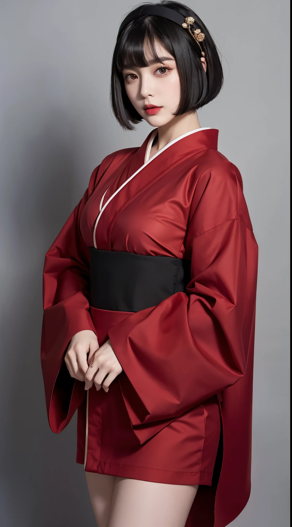 ulzzang-6500-v1.1, (RAW photo:1.2), (Photoreal), (genuine:1.4), (muste piece), Classy woman with perfect figure: 1.3, jet black hair、((Straight bob cut hair with neatly trimmed ends、bangs、red hair band))、(She is wearing a dark purple long-sleeved kimono with an elegant pattern.。.)、standing with fan closed、Majestic Hall々, (murderous look:1.2)、 highly detailed face and skin, fine eyes, double eyelid, (full body shot:1.0)、wearing short boots、