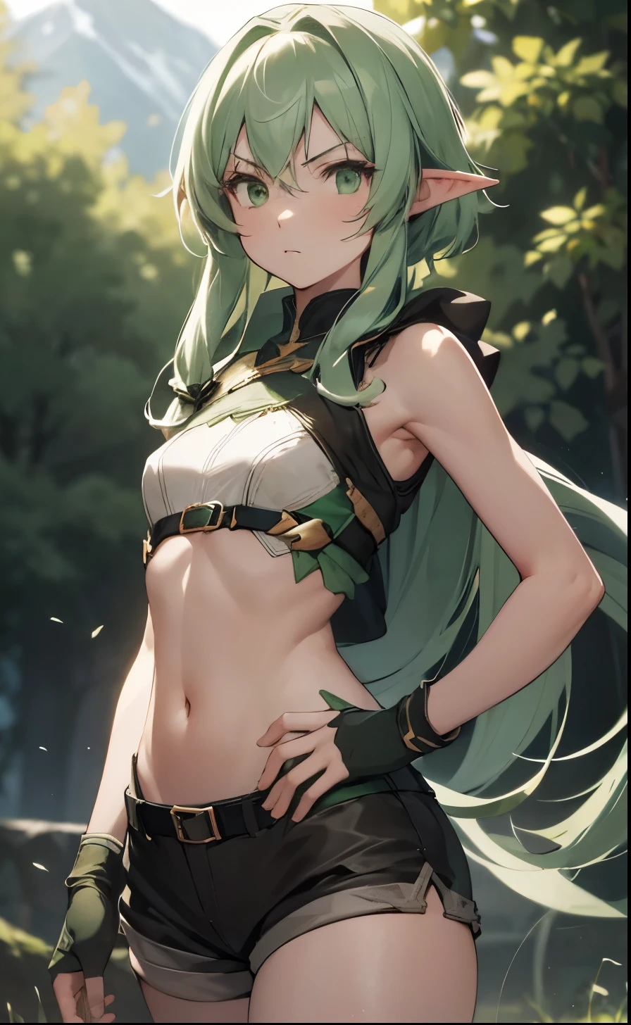 { masterpiece : best quality : high resolution : unity 8k wallpaper : illustration : extremely detailed face : perfect lighting : extremely detailed CG : perfect anatomy } { background = outside } { character = High Elf Archer : Green hair : small brear : alone : fit body : serious }