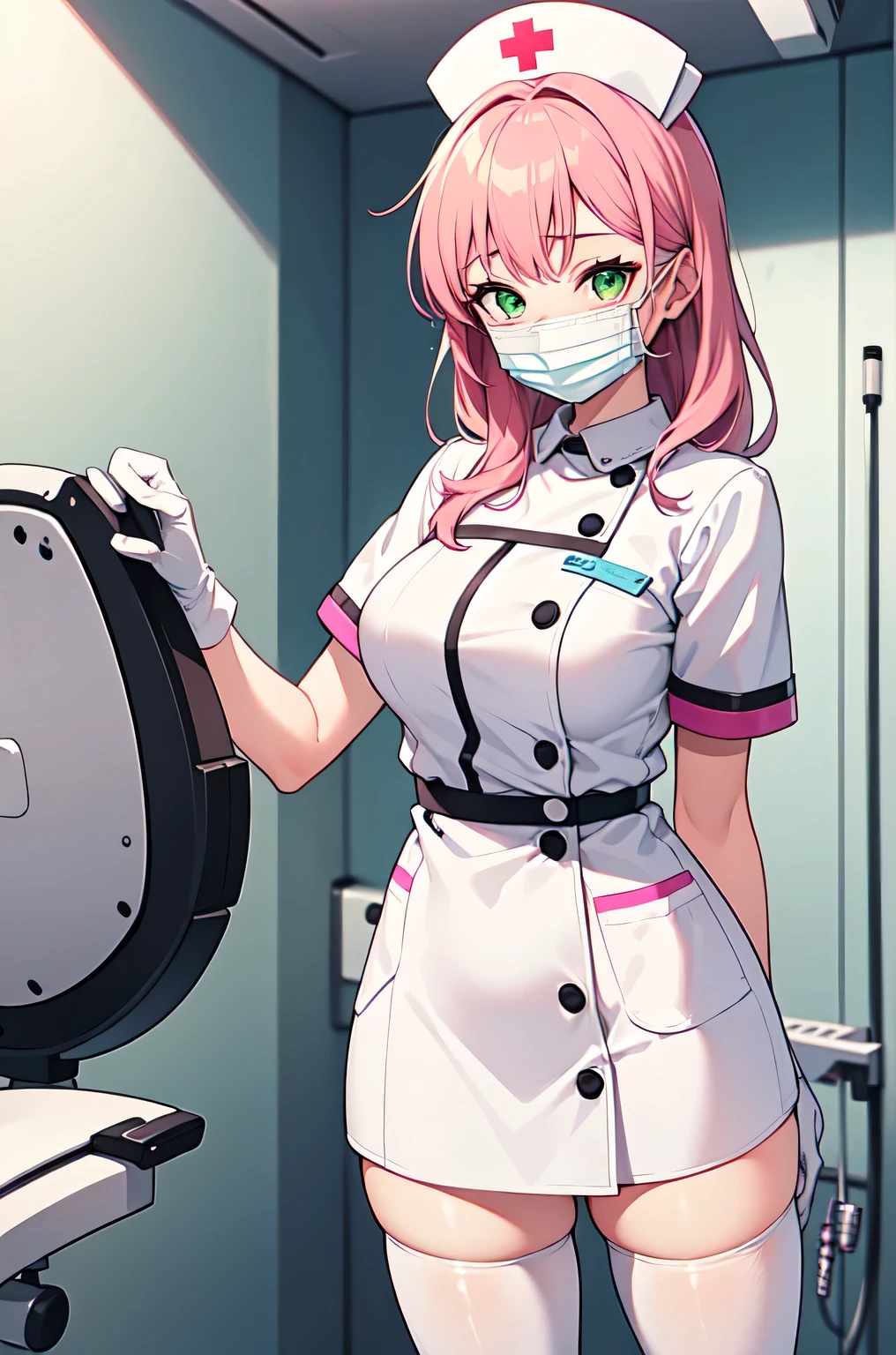 1woman, solo, nurse, white nurse cap, white nurse uniform, ((white legwear, zettai ryouiki)), white gloves, pink hair, green eyes, drooping eyes, ((white surgical mask, covered nose)), standing, ((hospital room)), sharp outline, short sleeves, mature female, 32 years old, best quality, masterpiece