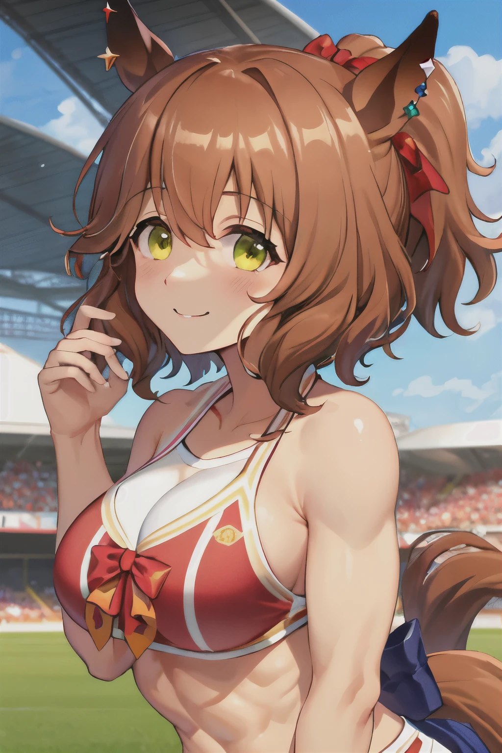 aston machan\(umamusume\), (((ultra-detailed face))), beautiful face, symmetrical face, (masterpiece), best quality, stadium, from front, horse tail, cheerleader uniform, smile, (muscular), (abs:0.85), bikini, (large tits:0.65), slender