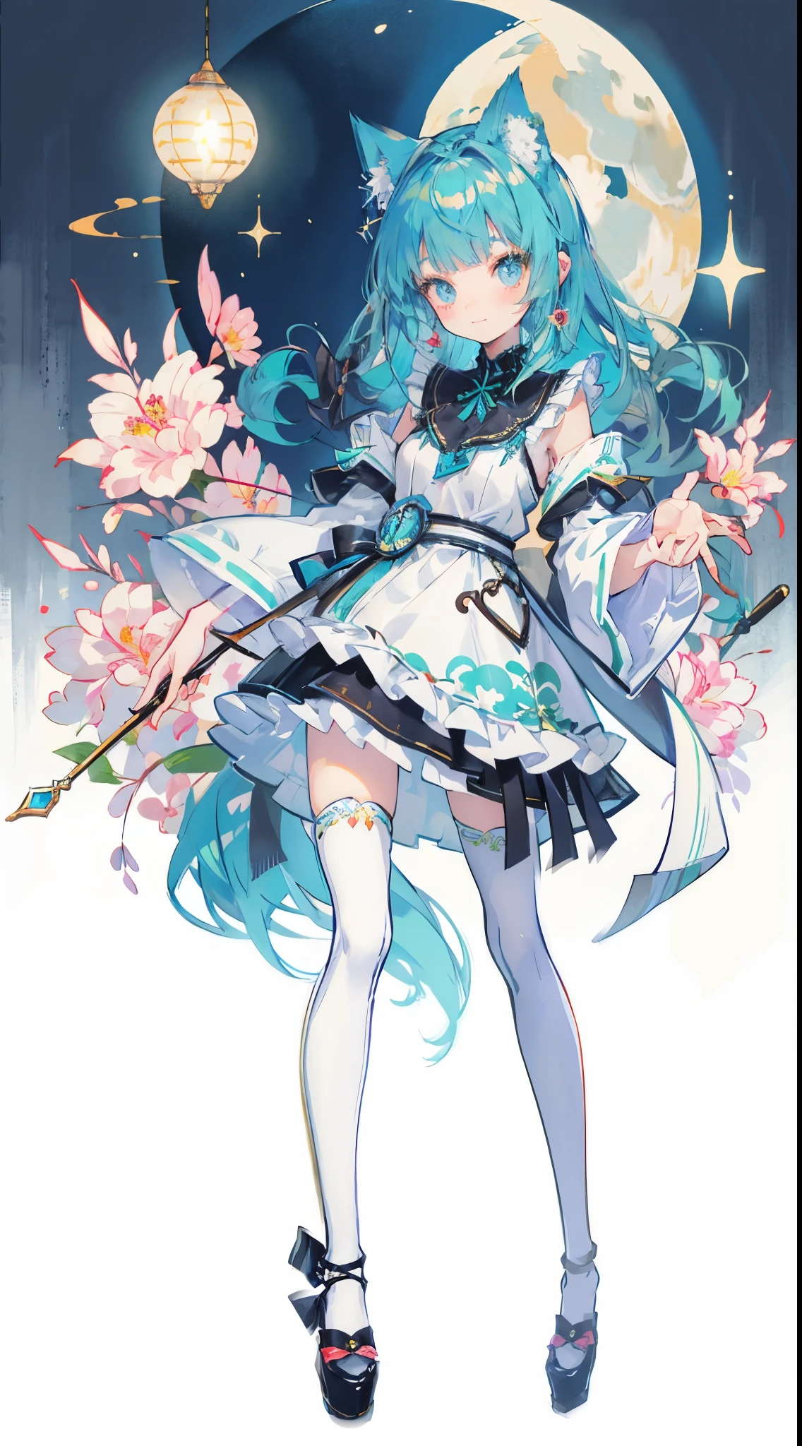 ((table top, highest quality: 1.1), ((Anime girl in a blue dress with a magic wand)), art nouveau、Anime cat girl wearing a maid costume, , ((Green hairs))、long haired person、((Eyes that shine like jewels, long eyelashes, and a sense of transparency))、Very Beautiful Anime cat girl, アニメcat girl, ((white knee highs)), 魅力的なcat girl, I'm at the candy store,Inspired by Leiko Ikemura, Aya Takano color style, in ryuuou no oshigoto art style, cat girl, A character you admire, rei hiroe、Smiling