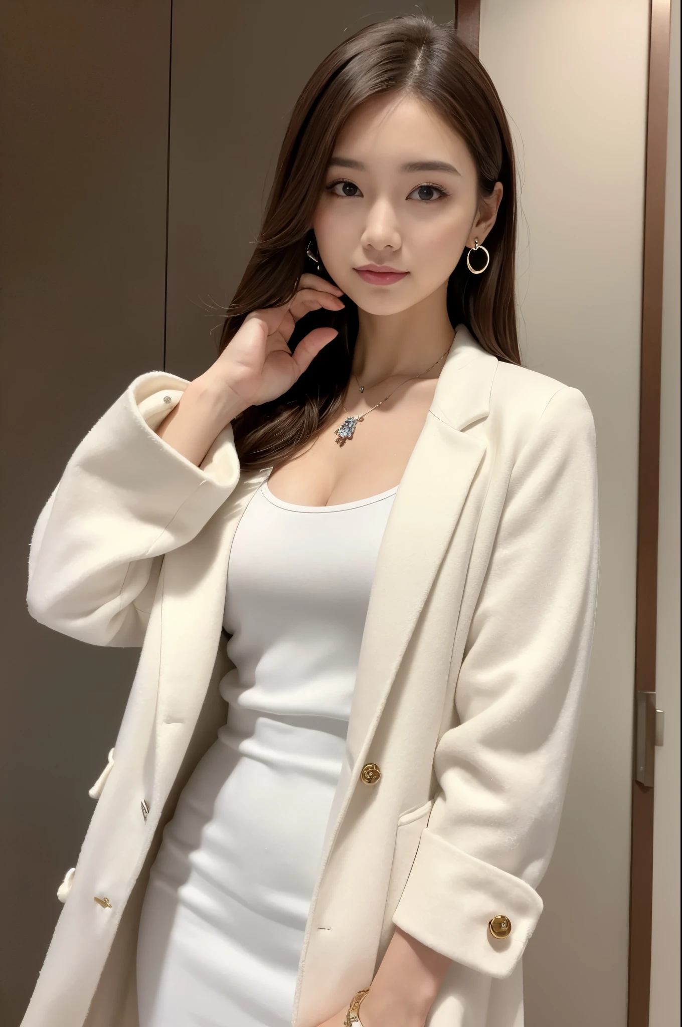 (top-quality、hight resolution)、A Japanese Lady、Slender Abs、Dark brown short hair styled with loose waves、Leave the pendant on、Silver Blouse、a belt、Leather、Black tight skirt、a room