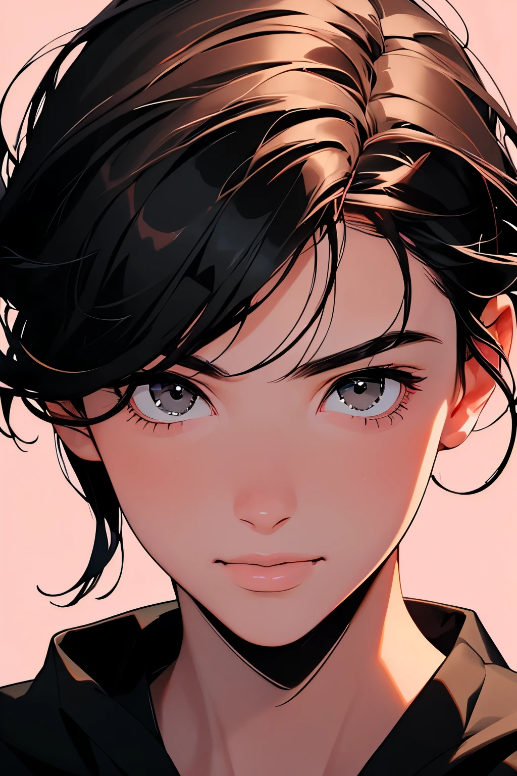highres,ultra-detailed,realistic,portrait,caucasian female,18 year old,black hair, bangs,hazel irises,toned,slender physique,realistic proportions,anatomically accurate,college student,subtle smile, pink cheeks; intimate distance,soft lighting