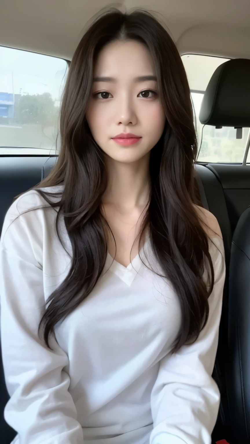 ((top-quality、8k、masterpiece:1.3))、Beautiful woman with perfect body:1.4、slim abdomen:1.2、Longhair, normal breast, Highly detailed facial and skin texture, A detailed eye, delicate eyes, double eyelid, (smile), (full body shot), ((in the car 1.1)), ((sitting in the car)), ((wearing white uniform)), looking in front
