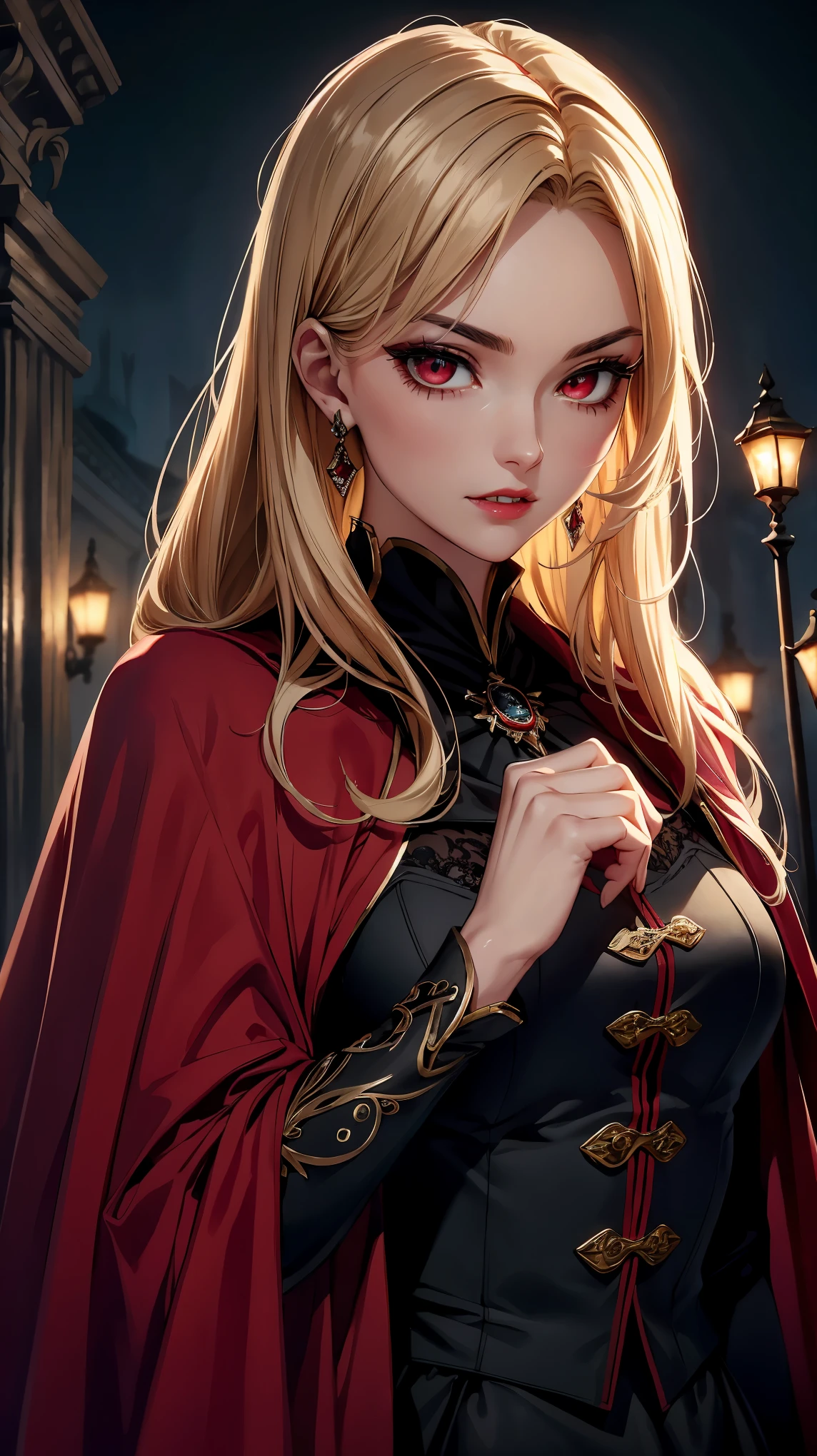 (highest quality、High resolution、masterpiece:1.2)、Super detailed、beautiful detailed eyes、blood red eyes、beautiful detailed lips、highly detailed eyes and face、long eyelashes、noble and elegant vampire king、Bright colors、pale skin、sharp fangs、sharp gaze、fine clothes、gorgeous jewelry、dark red velvet cape、dramatic lighting、unforgettable atmosphere、a moonlit night、Dark castle in the background、ominous shadow、subtle and mysterious smile