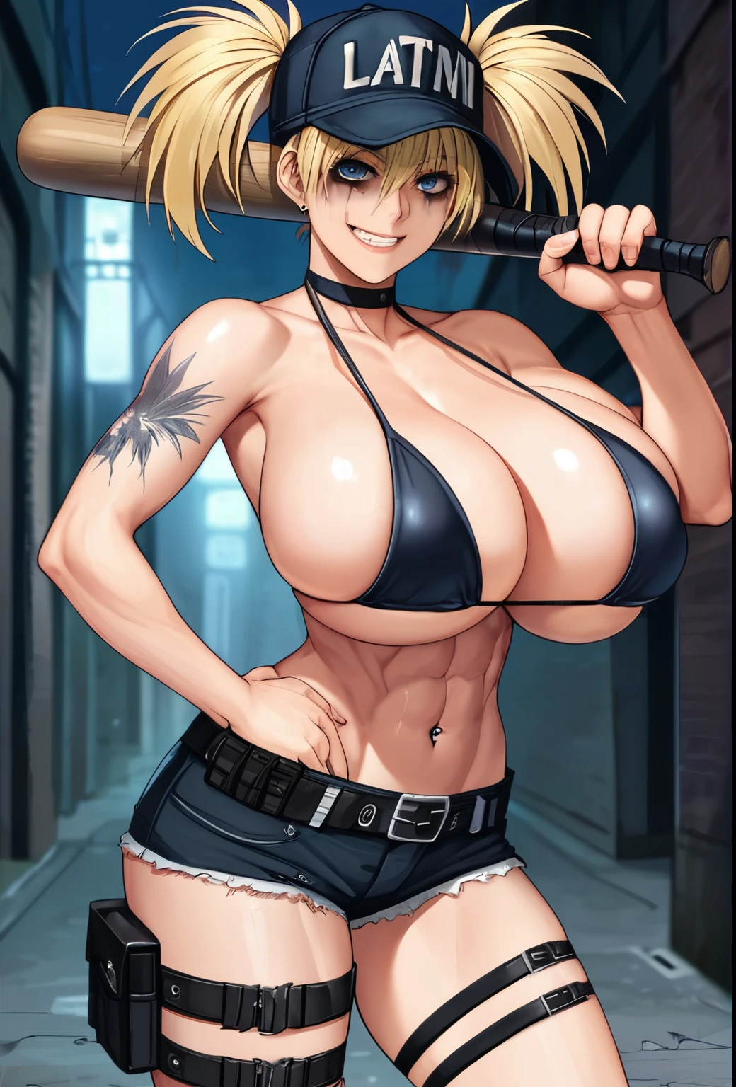 score_9, score_8_up, score_7_up, score_6_up, score_5_up, score_4_up, BREAK source_anime, 1girl, hellsing, seras, seras victoria, two-tone hair, blue eyes, smile, two side up, baseball cap, runny makeup, graphic tee, navel, short shorts, baseball bat, choker, thighighs, thigh belt, tied mini bikini, navel piercing, tattoo city, night, litter, night street, alley, abs, detailed eyes, closeup, face focus, face closeuo, perfect face, huge breasts, gigantic breasts, titanic breasts, humongous breasts, blonde 