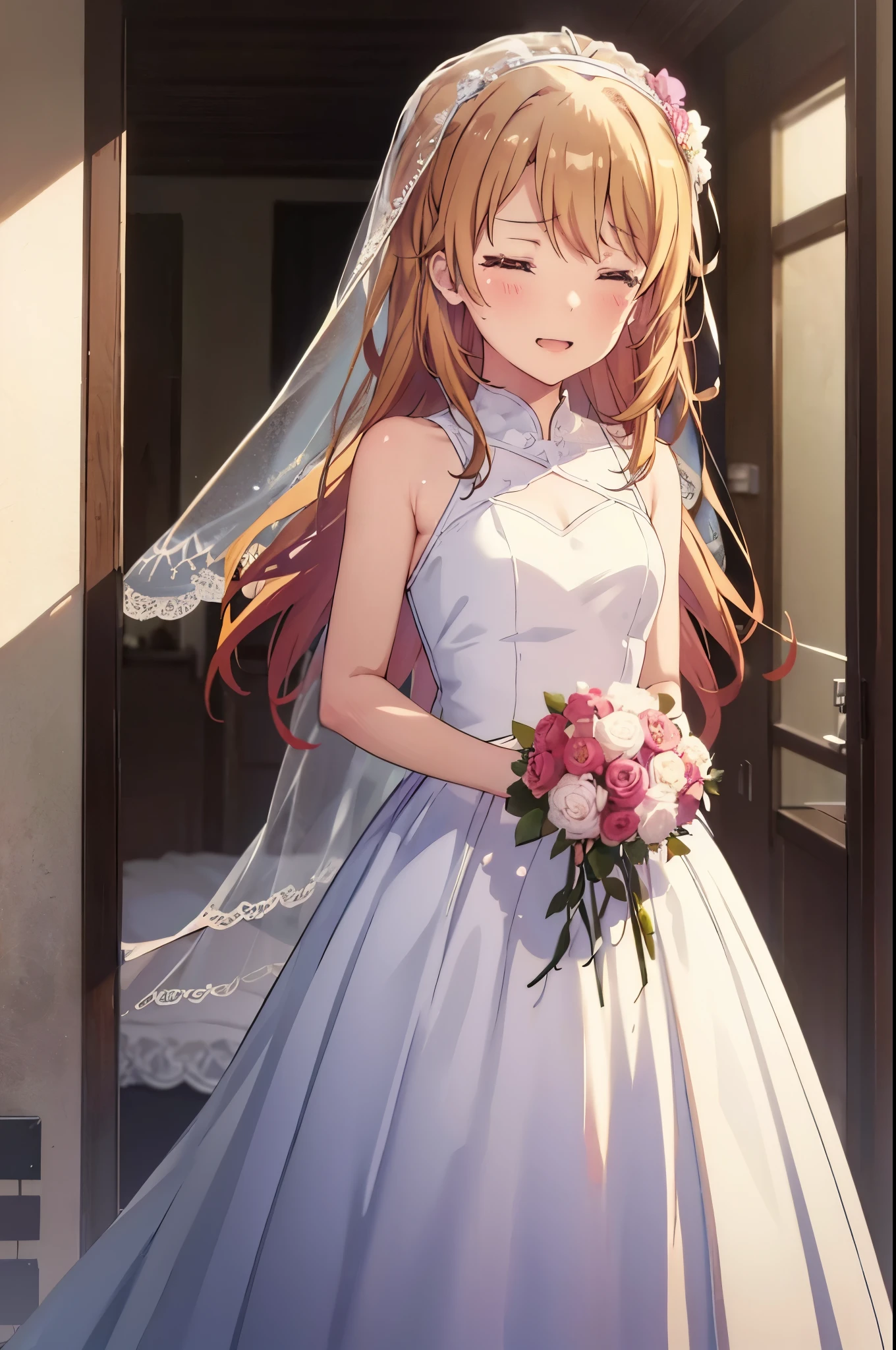 irohaisshiki, iroha isshiki, long hair, brown hair,  open your mouth,smile,happy atmosphere,crying with both eyes closed,tears run down her face,Crying with joy,blush,smile, Wedding dress,veil,Wedding Skirts,bouquet,bouquetトス,holding a large bouquet of flowers in both hands,So that the whole body goes into the illustration,Hanabubuki,wedding style,　　　　　　　　　　　　　　　　　　　　　break indoors,  church,chapel,
break (masterpiece:1.2), highest quality, High resolution, unity 8k wallpaper, (figure:0.8), (highly detailed face, perfect lighting, Very detailed CG, (perfect hands, perfect anatomy),