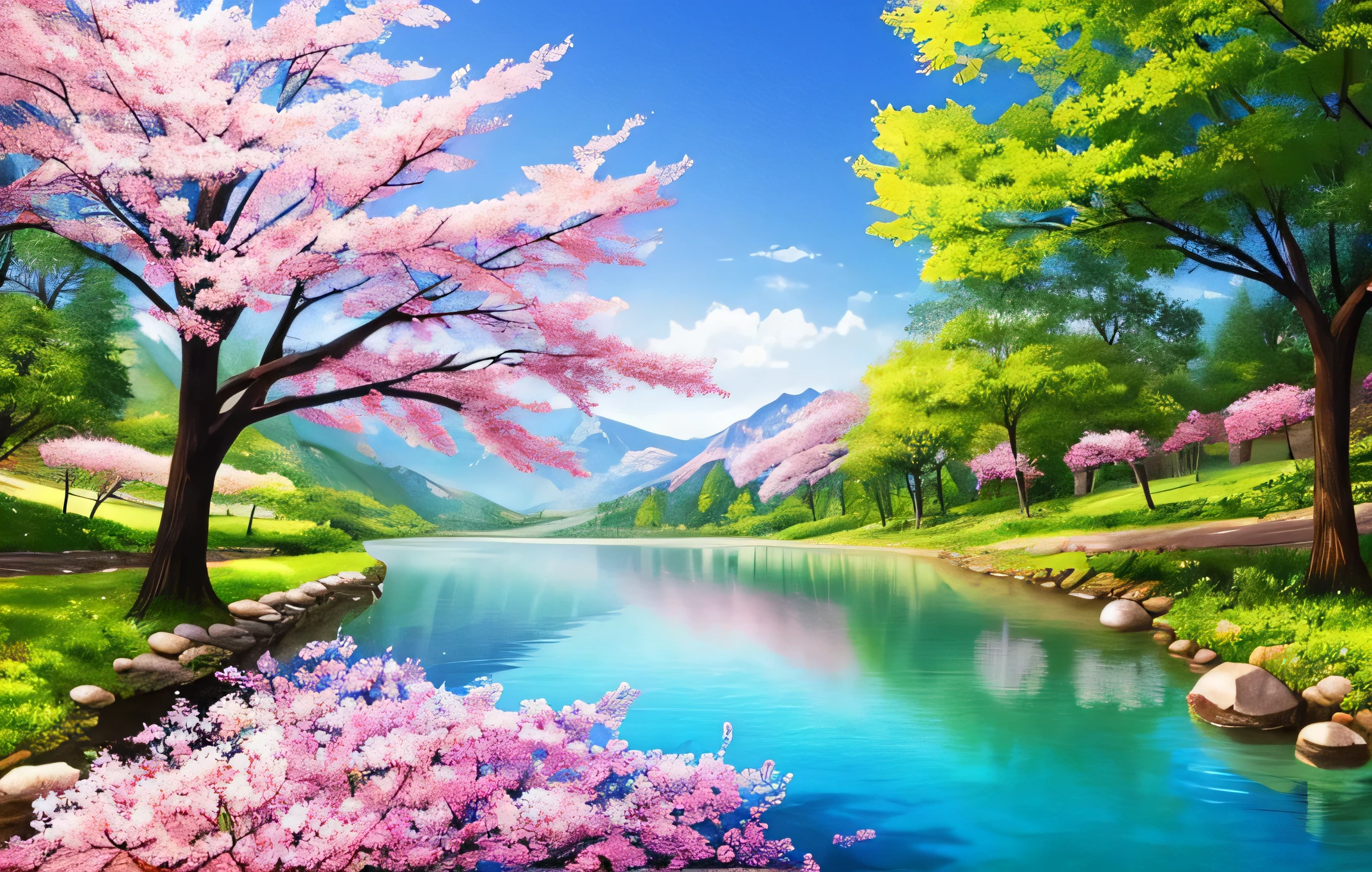 masterpiece, 最high quality, high quality,very detailed CG unity 8k wallpaper, A paradise-like place, village next to the mountain, beautiful lake , flowers, field , written boundary depth, HDR, bloom, chromatic aberration ,realistic,very detailed, art station trends, Trending on CGsociety, Complex, high detail, dramatic, Art on the road、cherry blossoms、