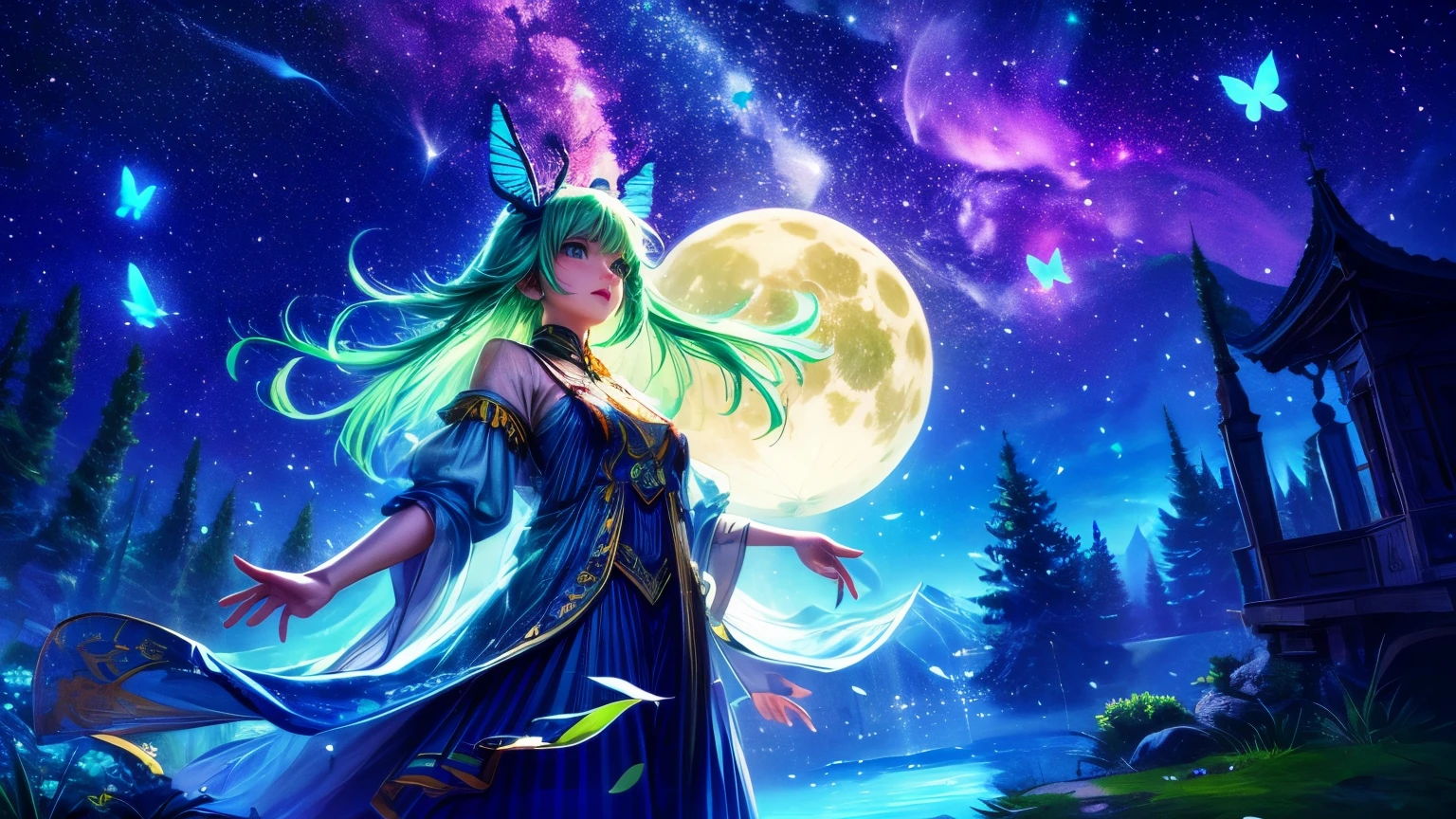 cute girl character、Green grass drawing butterflies flying over water、Looking up at the starry sky、A beautiful full moon can be seen in the night sky、Surround her with colorful nebulas and colorful forests