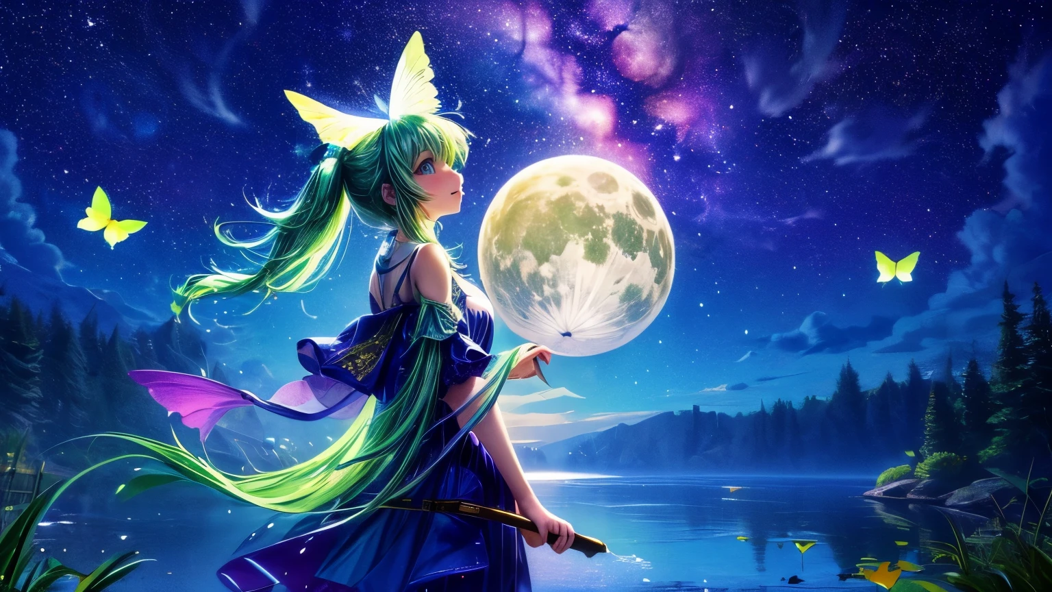 cute girl character、Green grass drawing butterflies flying over water、Looking up at the starry sky、A beautiful full moon can be seen in the night sky、Surround her with colorful nebulas and colorful forests