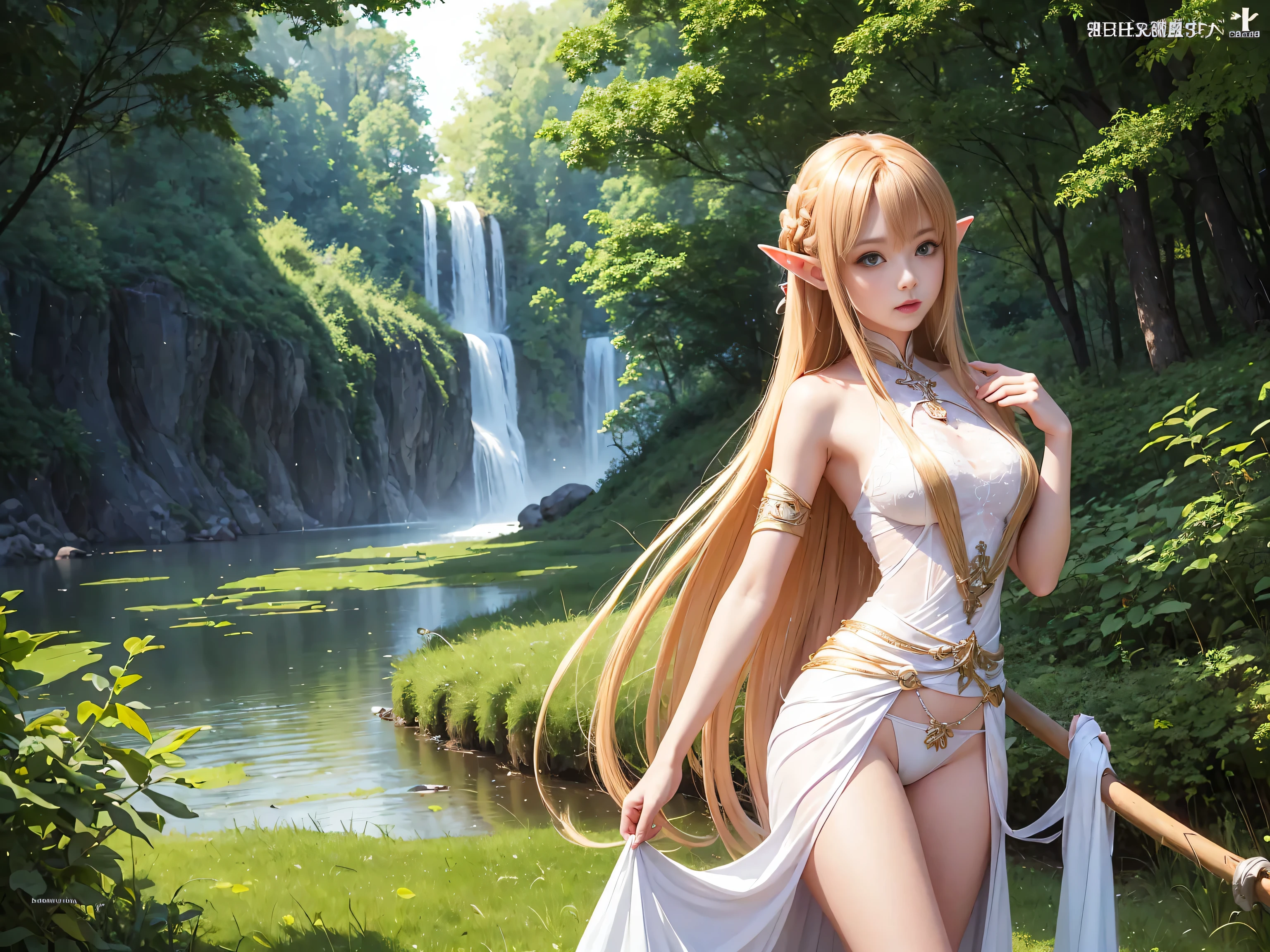 A graceful elf girl stands in a meadow, her delicate features illuminated by the soft light of the setting sun. Her long, flowing hair cascades down her back, adorned with intricate braids and adorned with sparkling jewels. This stunning painting captures the ethereal beauty of elves. Her slender figure in a silk dress sways in the soft meadow breeze. The artist's attention to detail is evident in the intricate patterns of her dress and the subtle highlights of her luminescence. skin. This breathtaking depiction of an elf girl exudes a sense of enchantment and transports the viewer to a magical world. The beautiful elf magician is awe-inspiring as she holds a magician's staff, uses fireball magic, and is about to defeat the Demon King with explosion magic., If you pull up your skirt, you can see your see-through panties and it will be embarrassing., (A superb exquisite Asuna Yuuki),(Asuna Yuuki:1.5), long hair, brown hair, streaked hair, brown eyes, star-shaped pupils, straight bangs, solo, nature, extremely delicate, straight facial features, peerless beautiful girl, soft, (sensual face), ((ecchi face)), dreamy quality, exaggerated facial features, solid color, frank holly, delicate face, bright lips, slender waist, soft curves, real light and shadow, super fine, 4k, natural moving, Ultra high resolution, (masterpiece:1.2, best quality), (finely detailed beautiful eyes: 1.2), (beautiful detailed face), detailed anime artwork, clean detailed anime art, detailed digital anime art, detailed anime art, beautiful anime portrait, beautiful anime girl, beautiful anime artwork, beautiful anime art, beautiful anime style, detailed portrait of anime girl, anime girl, beautiful anime, anime illustration,Medium chest, slender body,unparalleled beauty sexy and very beautiful face、Super long silky shiny blonde hair、long swaying bangs、Sexy 15 years old、beautiful cute pearl eyes beautiful girl、Silky skin、Very big blue eyes,
