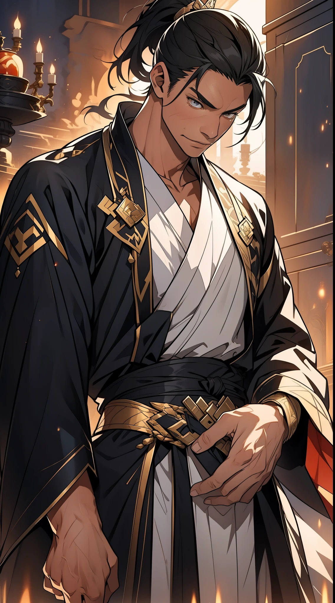 one person(male warrior),proportions are correct,facial details,swordsman,high ponytail hairstyle,neck detail,Have an Adam's apple,Black and gold robe,joke,Black and gold robe,clothing details,Hand over,long sleeves,Game quality,fencing,Ray tracing,Ray tracing,Detailed glow,CG rendering,hair details,Long black and blond hair,Black-gold eyes,Handsome,Handsome,(Youthful feeling),Costumes are complicated,Perfect composition,refine,high quality,higher details,many details,Complex background,a sense of atmosphere,