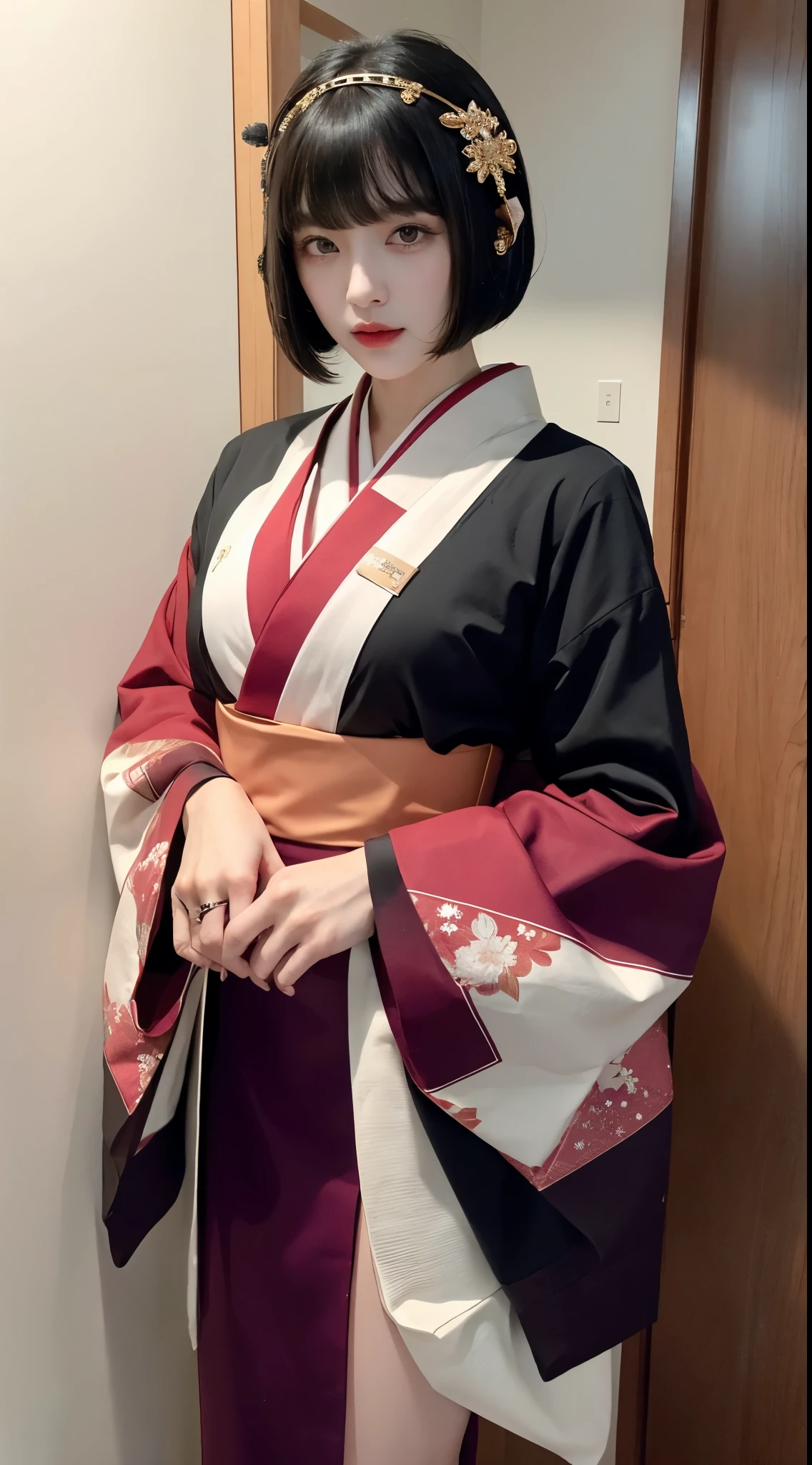 ulzzang-6500-v1.1, (RAW photo:1.2), (Photoreal), (genuine:1.4), (muste piece), Classy woman with perfect figure: 1.3, jet black hair、((Straight bob cut hair with neatly trimmed ends、bangs、red hair band))、(She is wearing a dark purple long-sleeved kimono with an elegant pattern.。.)、standing with fan closed、Majestic Hall々, (murderous look:1.2)、 highly detailed face and skin, fine eyes, double eyelid, (full body shot:1.2)、wearing short boots、