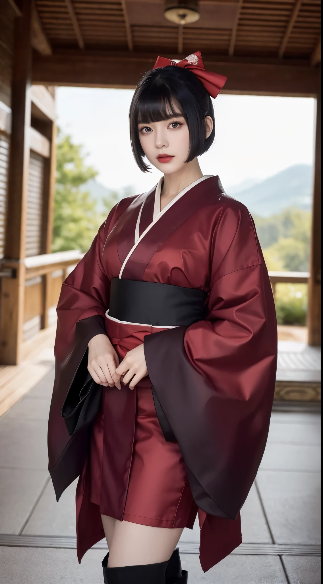 ulzzang-6500-v1.1, (RAW photo:1.2), (Photoreal), (genuine:1.4), (muste piece), Classy woman with perfect figure: 1.3, jet black hair、((Straight bob cut hair with neatly trimmed ends、bangs、red hair band))、(She is wearing a dark purple long-sleeved kimono with an elegant pattern.。.)、standing with fan closed、Majestic Hall々, (murderous look:1.2)、 highly detailed face and skin, fine eyes, double eyelid, (full body shot:1.2)、wearing short boots、