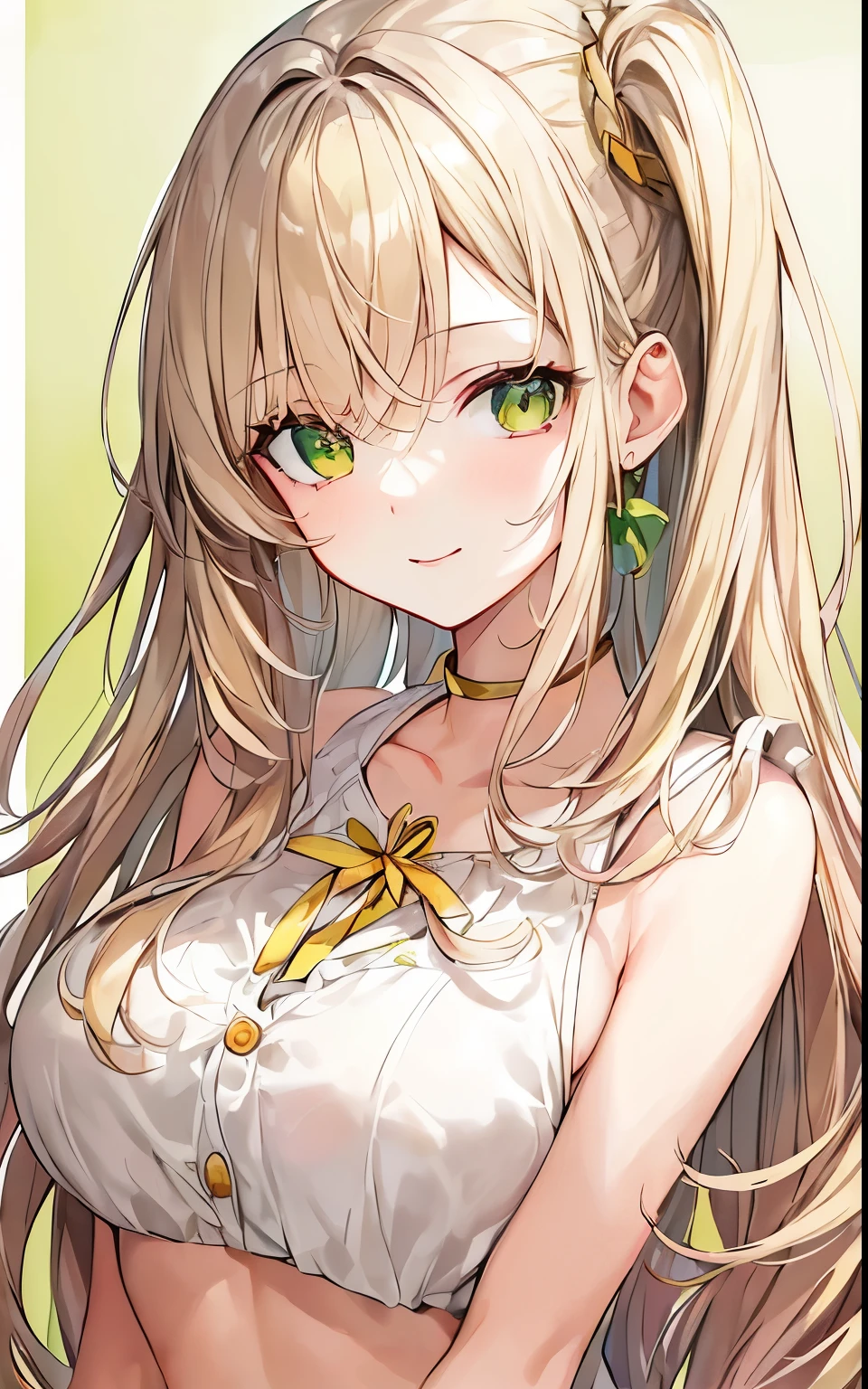 Masterpiece, highest quality, high quality illustration, high resolution, 1 woman, white background, watercolor, very cute, detailed beautiful face, glossy skin, white skin, (upper body: 2.0), shining smile, blonde, long hair, curly hair , two-tone eyes (yellow-green eyes: 1.6), long eyelashes, flashy makeup, GAL, actress, pink lips, thick lips, fleeting, bright picture、bright smile、Kogal、（Marin Kitagawa：1.5）、（pink puff sleeve shirt：2.0）