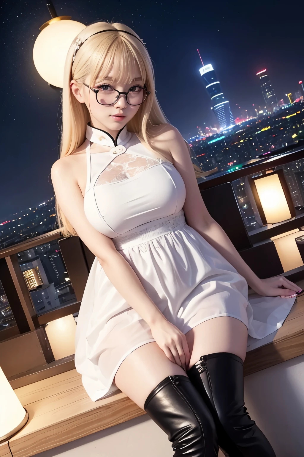 Beautiful, (masterpiece:1.2), (Best quality:1.2), Perfect eyes, perfect face, perfect lighting, big breasts, look at the viewer, (Ahegao:0.5), sexy pose, Muscles of the body, (Full Snapshot), White hair, short hair, bang, ponytails, Glasses, Pink oversized sweater with large neckline, open chest, Sexy dress, sexy body, long fingernails, nipples are visible, tights, sneakers, A mixture of bright lights and colorful nebulae, diamonds