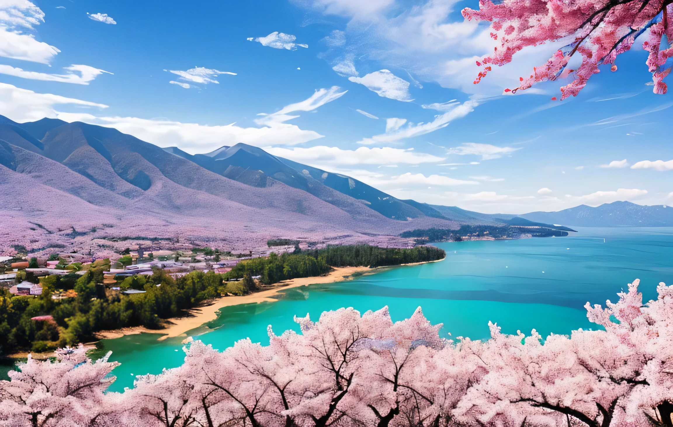 masterpiece, 最high quality, high quality,very detailed CG unity 8k wallpaper, A paradise-like place, village next to the mountain, beautiful lake , flowers, field , Depth of written boundary, HDR, bloom, chromatic aberration ,realistic,very detailed, art station trends, Trending on CGsociety, Complex, high detail, dramatic, art on the road、cherry blossoms、