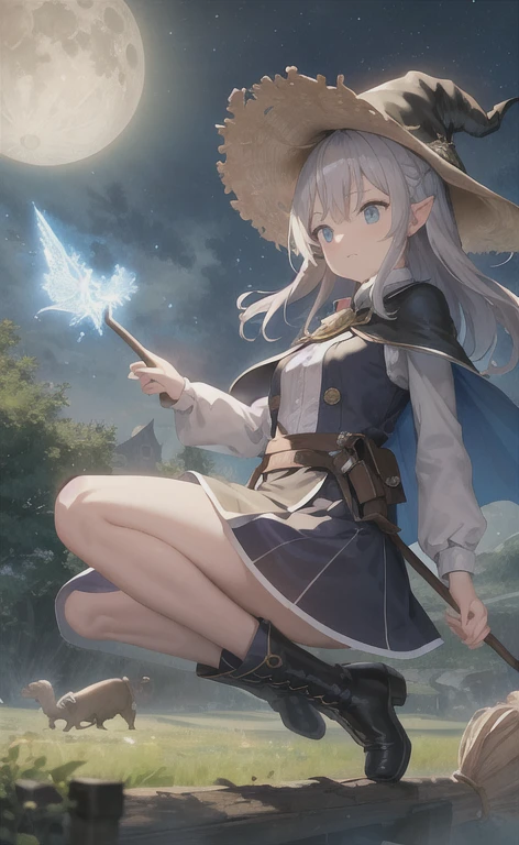 masterpiece, best quality, ultra-detailed, illustration, 1girl, solo, fantasy, flying, broom, night sky, outdoors, magic, spells, moon, stars, clouds, wind, hair, cape, hat, boots, broomstick, glowing, mysterious, enchanting, whimsical, playful, adventurous, freedom, wonder, imagination, determination, skill, speed, movement, energy, realism, naturalistic, figurative, representational, beauty, fantasy culture, mythology, fairy tales, folklore, legends, witches, wizards, magical creatures, fantasy worlds, composition, scale, foreground, middle ground, background, perspective, light, color, texture, detail, beauty, wonder.