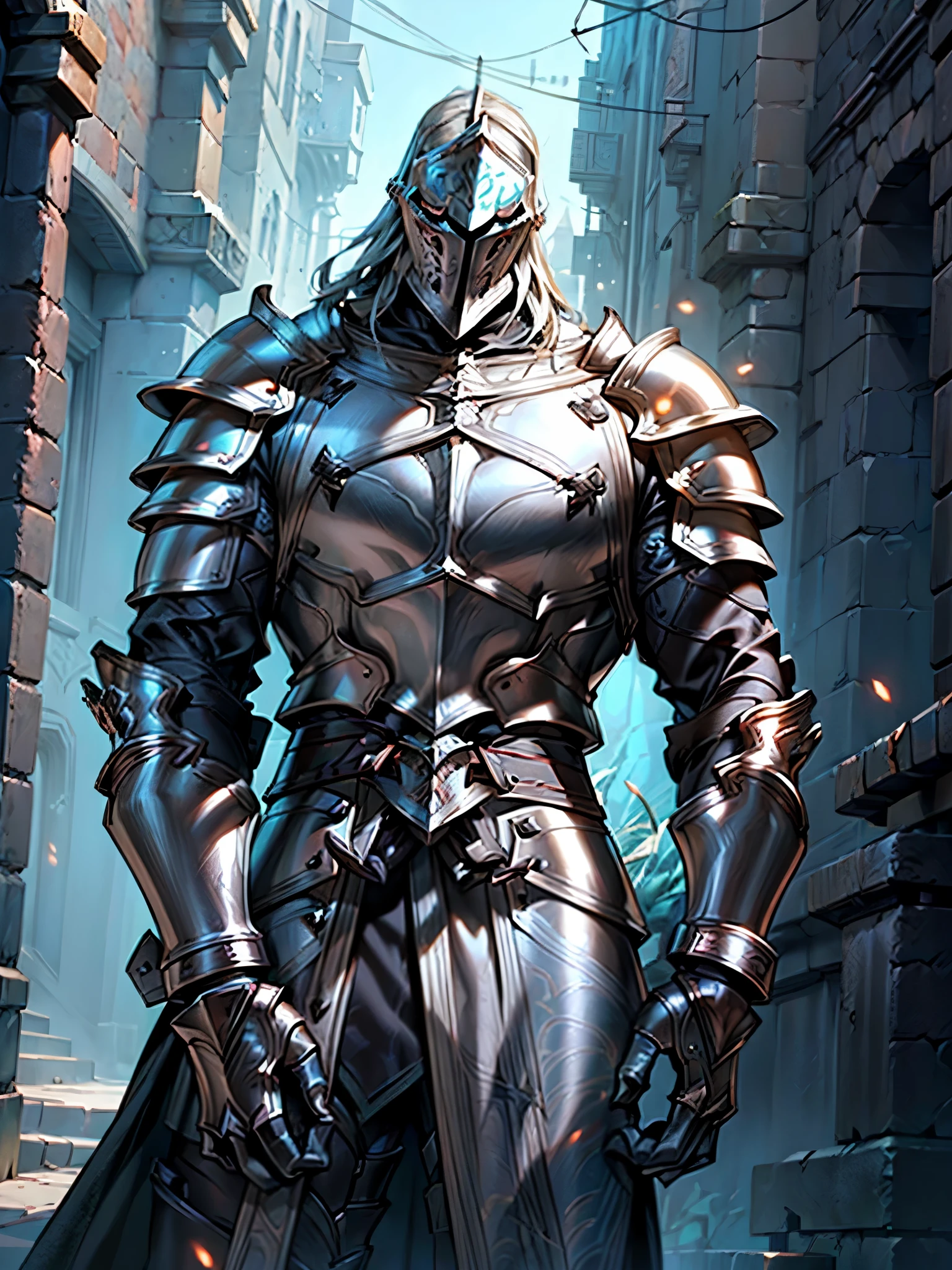 (((An epic and visually stunning digital anime upper body portrait featuring a sylphlike masuline male knight soldier clad in a full steel plated knight armor:1.2))), ((( huge muscular body:1.5, closed angel metal helmet:1.5))), (((the character is adorned in a (in gothic plate armor with black thorn coat covering spine) (over a form fitted armor plated yet super sleek and revealing under suit with waist cut outs), the armor plating on the upper arms and shoulders beautifully engraved))):1.4. The image showcases the intricacies of the character’s armor and clothing, ((capturing their flamboyant essence and heavy dark fantasy aesthetic:1.2)). The character also possesses an masculine charm, (((with heavily muscled physique:1.2, sylphlike with a sleek waist, toned yet beautifully sleek metal plated bracers arms:1.3, dungeons and dragons character:1.3))), looking at viewer