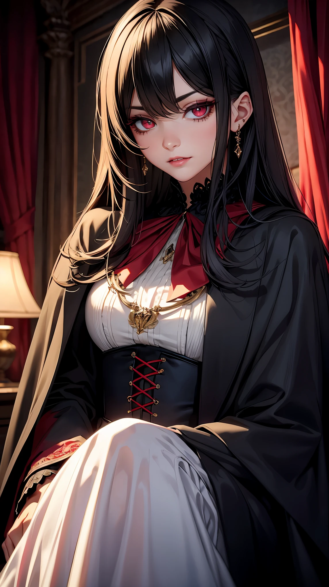 (highest quality、High resolution、masterpiece:1.2)、Super detailed、beautiful detailed eyes、blood red eyes、beautiful detailed lips、highly detailed eyes and face、long eyelashes、noble and elegant vampire king、Bright colors、pale skin、sharp fangs、sharp gaze、fine clothes、gorgeous jewelry、dark red velvet cape、dramatic lighting、unforgettable atmosphere、a moonlit night、Dark castle in the background、ominous shadow、subtle and mysterious smile