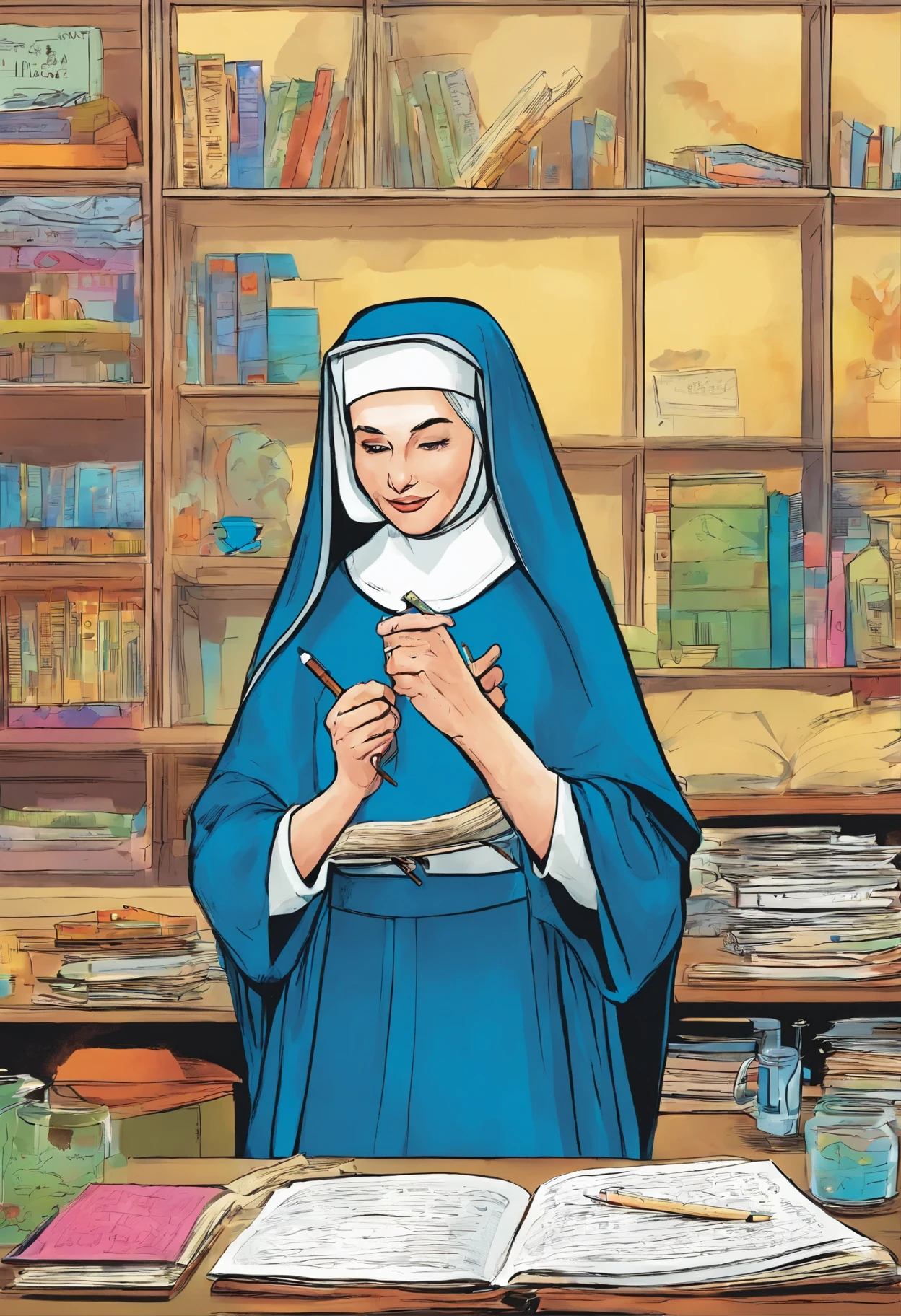 a 50-year-old nun wearing a blue habit with 7--old ldren writing in the classroom in 1960