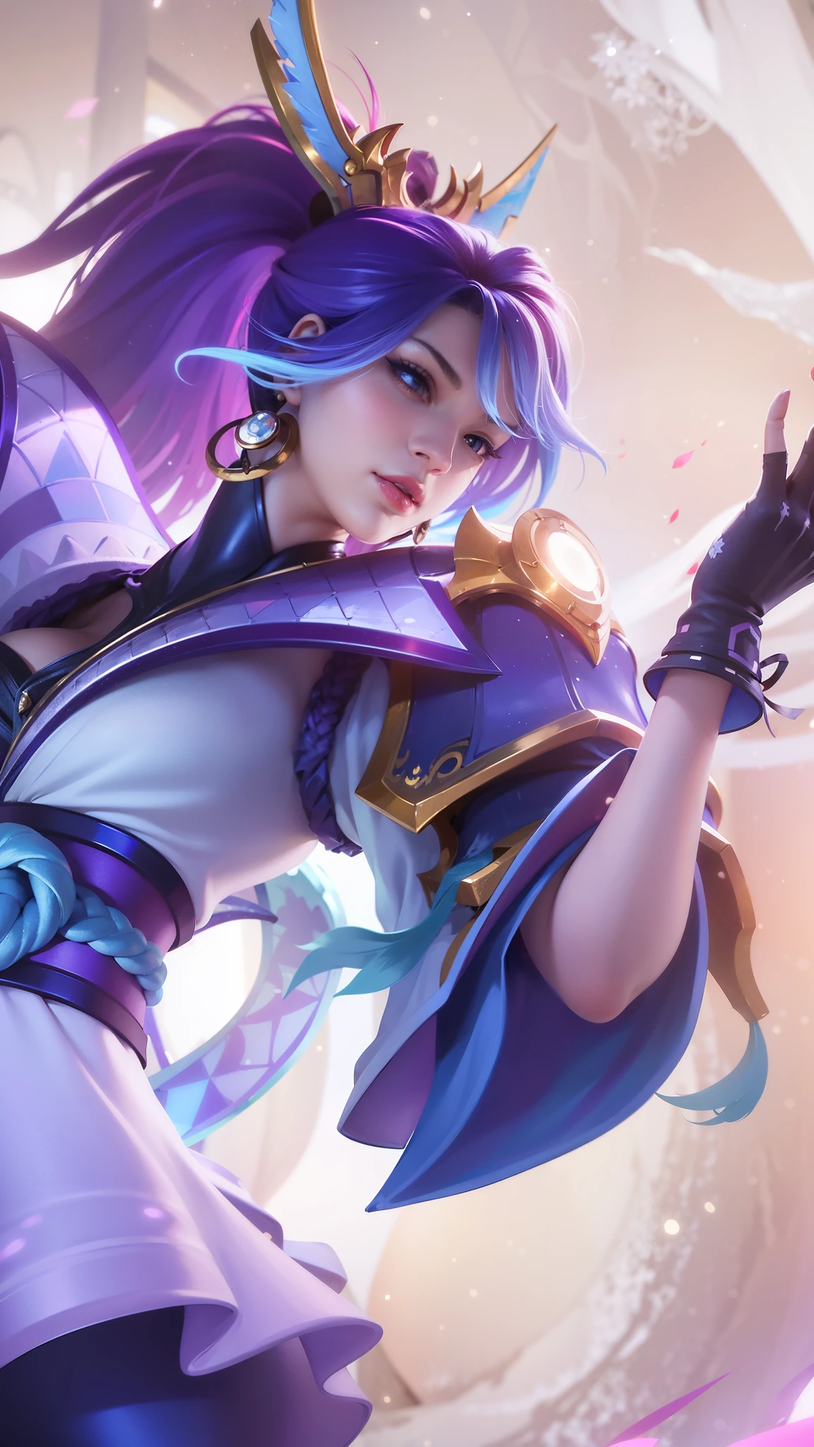 (female:1.2), 8k, ultra hd, ultra detailed texture, hyper realistic, masterpiece, detailed texture, detailed face, detailed skin, detailed lighting, (photorealistic:1.5), best quality, beautiful lighting, cinematic lighting, professional lighting, ultra highres, realistic, detailed hair, real hair, high quality, (realskin:1.5), extremely detailed, finely detail, ultra-detailed, 1girl, solo, elf, pointy ears, standing, demon horns, forehead protector, v-shapped eyebrow, lips, red lips, evil smile, nose, make up, pretty, beautiful, cute face, long hair, black hair, high ponytail, large breasts, cleavage, armpit, navel, stomach, black armor, pauldrons, bare shoulders, shoulder armor, thigh high, sleevless, detached sleeves, breastplate, gauntlets, karina \(mobile legends\), depth of field, looking aways, white skin, skin tight, amazing pose, outdoors, glowing, dark view.