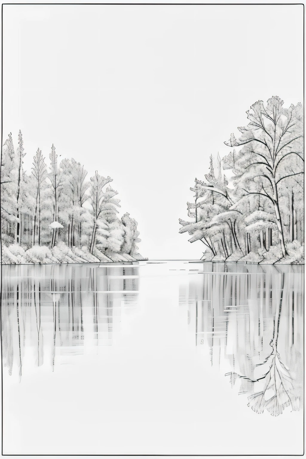 b/w vector illustration line outline of a lake in a center of a forest, nighttime, black and white line drawing, coloring book page, no noise, outline art, isolated on a white background, (((((white background))))), only use outline, adult coloring book, clean line art, white background, no shading
