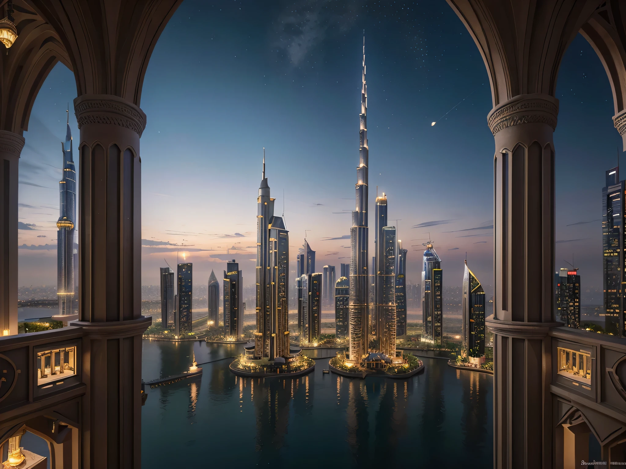 Create a realistic cityscape that blends the architectural wonders of Dubai with the whimsical essence of a fairy tale. Imagine a utopia where skyscrapers are adorned with intricate vines and luminous flowers, Cast another glow into the night sky.