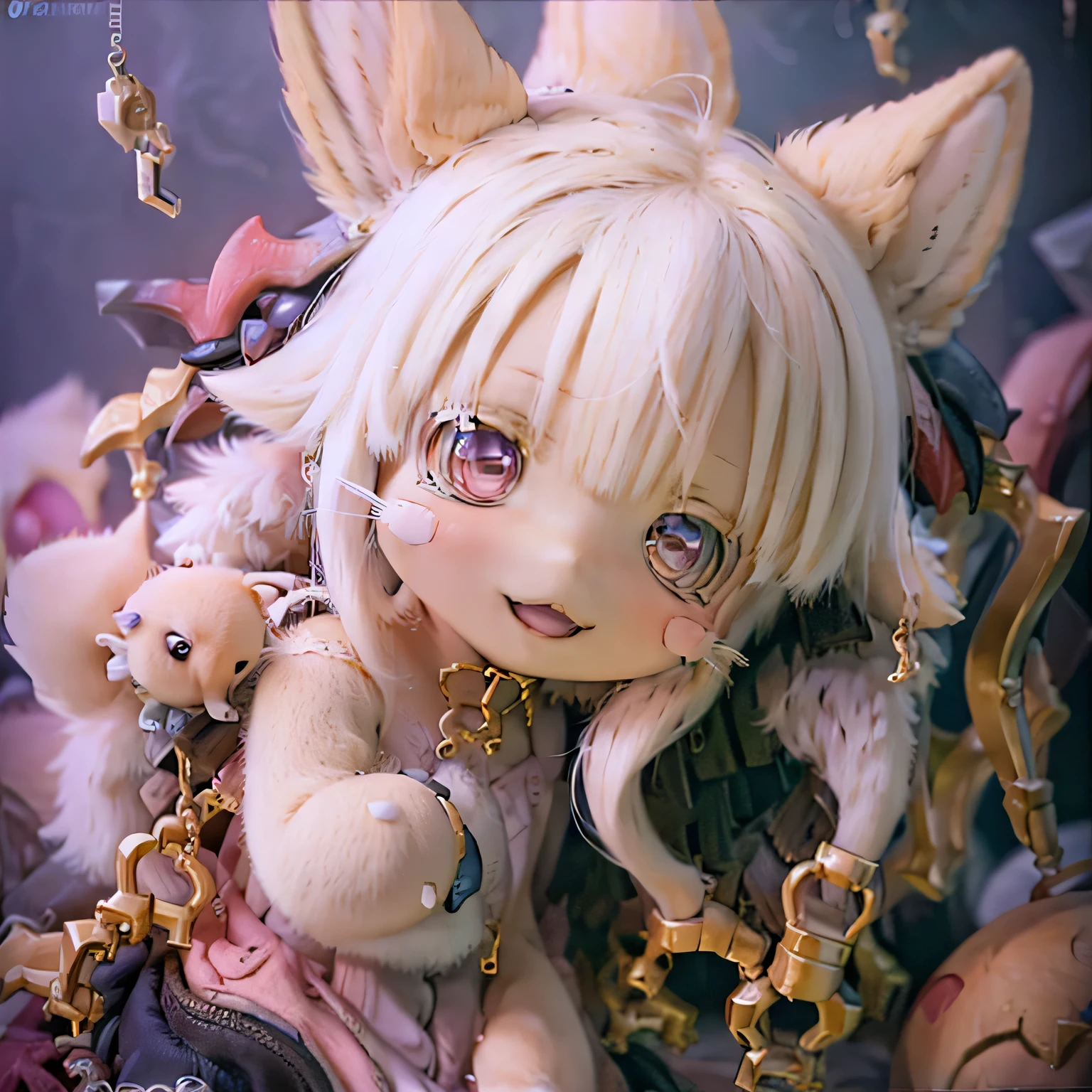 in the garden, smiling girl, Looks like Nanachi from Made in Abyss. she is beautiful, fine eyes and lips. A girl is depicted、 (((chibi style,))) . Image quality is top quality, With highly detailed and realistic features. The artwork medium combines illustration and photorealistic rendering. Vibrant colors and lighting create a warm and cheerful atmosphere Casual Full Body(((((Cute pink dress)))))