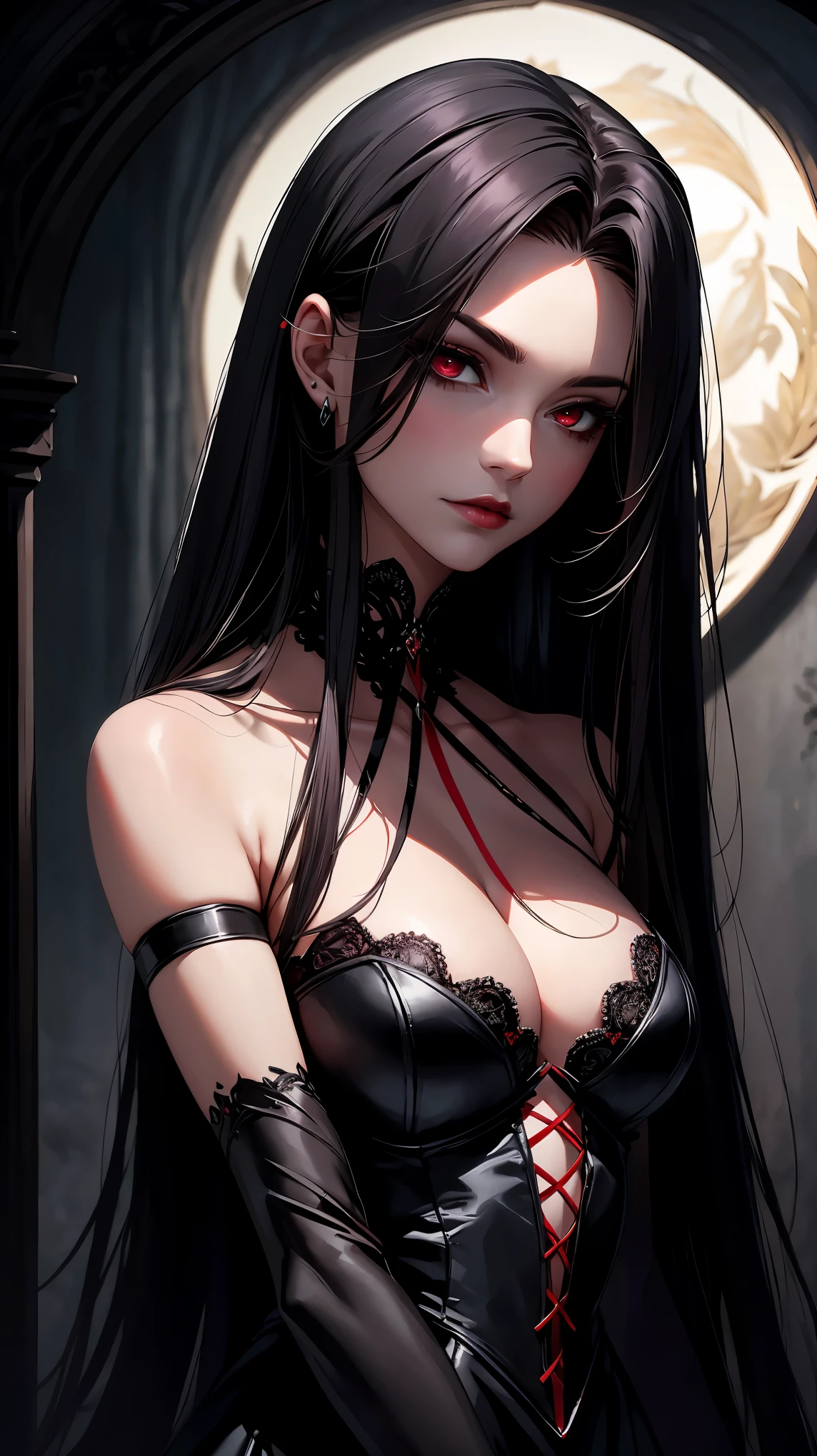 An elegant, ethereal vampire woman with piercing red eyes, long flowing dark hair, and pale, flawless skin. She is dressed in a luxurious, Gothic-inspired gown made of black velvet. Her sensual lips are painted a deep, blood-red color. The atmosphere is filled with an eerie, moonlit glow, casting mysterious shadows across the scene. The artwork is created using a combination of traditional oil painting and digital illustration techniques, resulting in a hauntingly beautiful portrait. The colors are rich and intense, with a dark, moody palette dominated by deep purples, velvety blacks, and hints of crimson. The lighting is dramatic, emphasizing the vampire woman's delicate features and adding an additional layer of mystique to the scene. The final image is of the highest quality, with intricate details, realistic textures, and a captivating sense of depth.