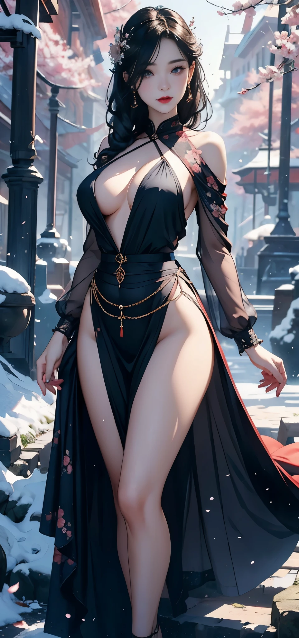 1 female,35 years old,Slim,very big ,Big breasts and thin waist,long legs, solo,(background with:,cherry blossom forest,Rainforest)stand, She has short black hair,View from the front, Twisted braid cloudy sky,(((masterpiece),(Very detailed CG Unity 8k wallpaper),best quality,light,detailed background,Beautiful and delicate eyes,bright pupils,black eyes,snow white skin,red lips(Very delicate and beautiful),(Beautiful and detailed eye descriptions),Super detailed,masterpiece,))face camera,high resolution,Super detailed),Xia,穿上未来派钢铁Xia机甲,blue and red color scheme,nude