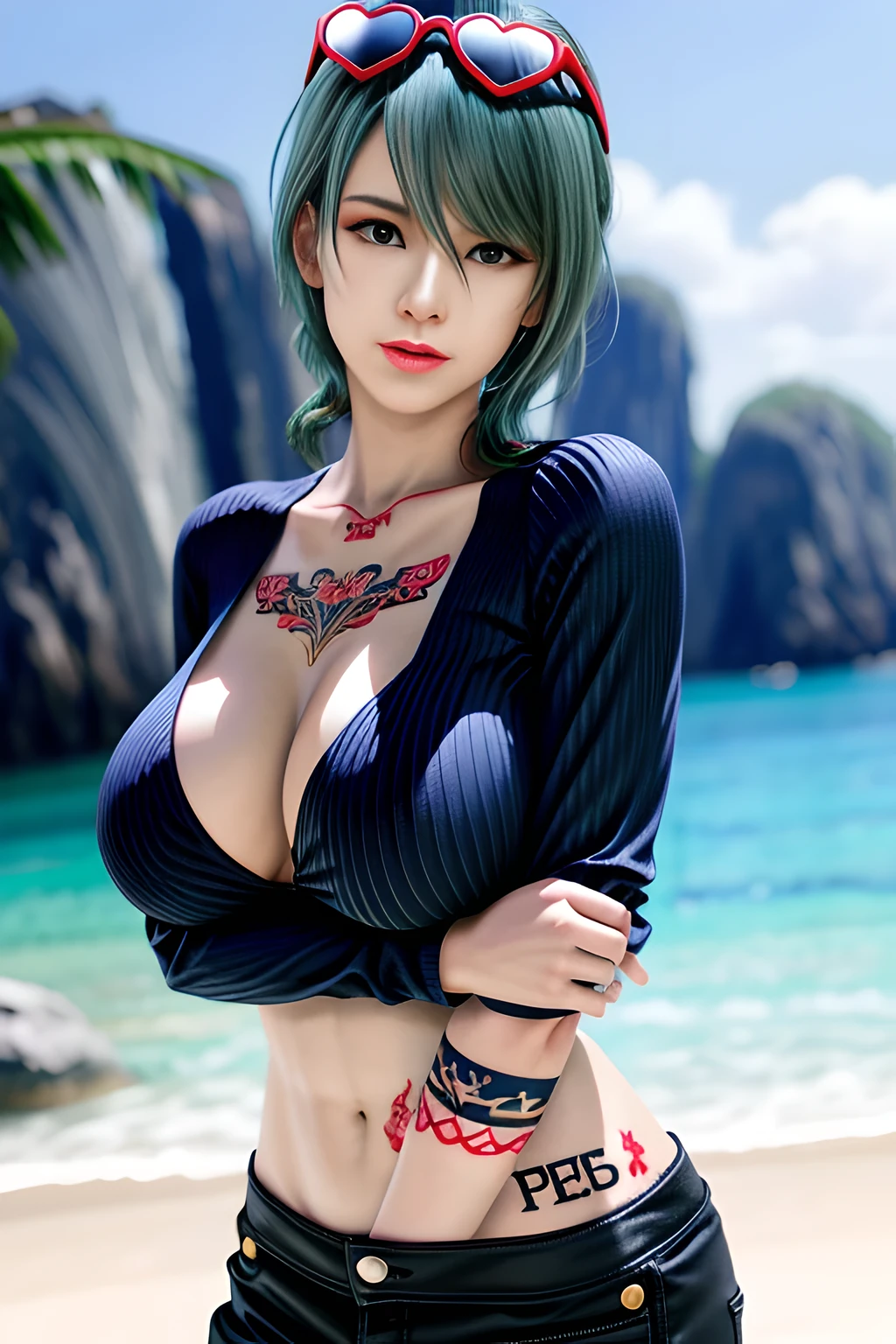 1 girl,Wear a mesh bottoming shirt, casual pants, sunglasses,on the beach,outdoor,elegant,( huge breasts),split,skin shiny, red lips,( tattoo:1.3), masterpiece, best quality, actual , 8k,Portrait Art,alone, ring