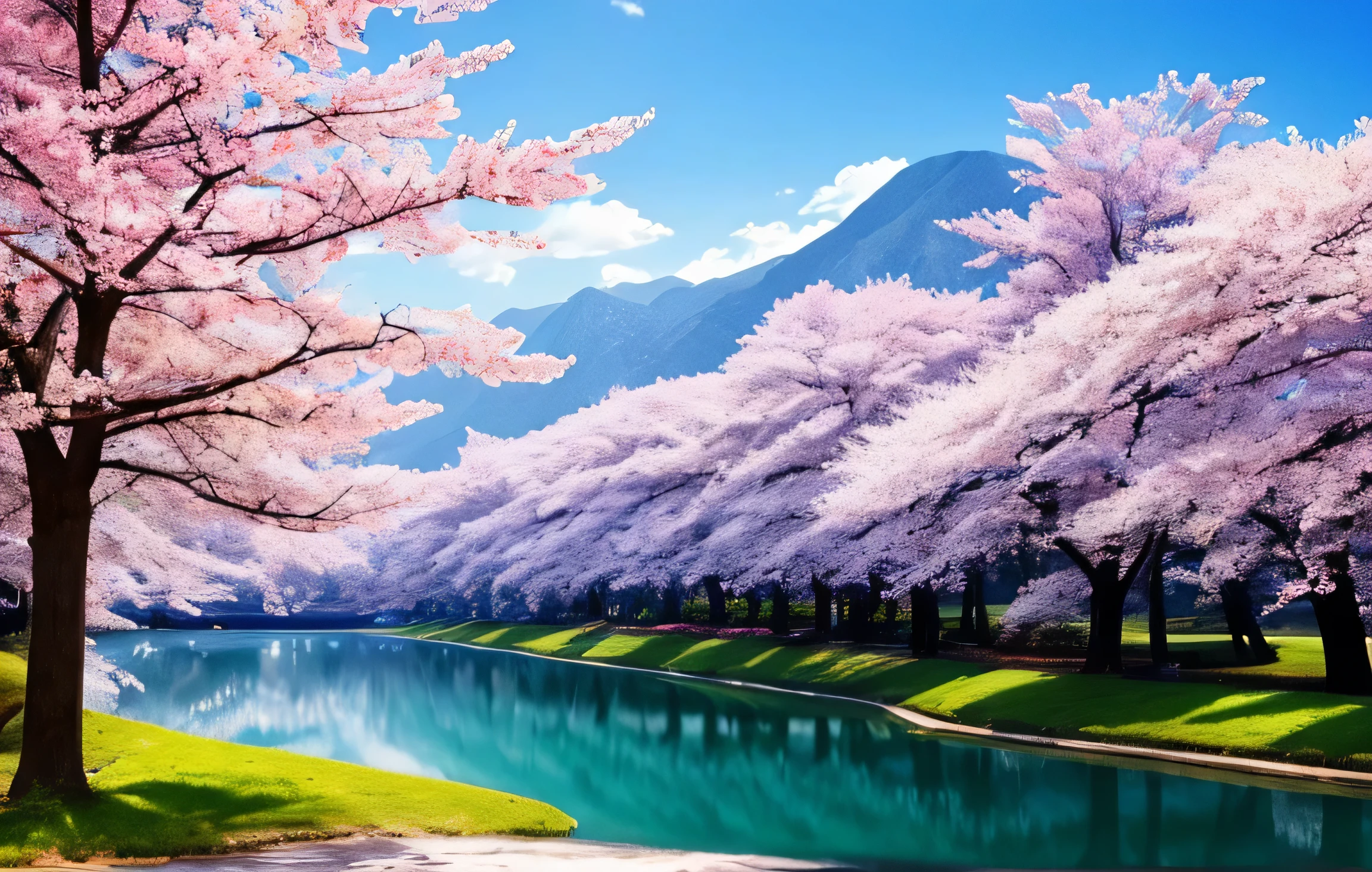 masterpiece, 最high quality, high quality,very detailed CG unity 8k wallpaper, A paradise-like place, village next to the mountain, beautiful lake , flowers, field , Depth of written boundary, HDR, bloom, chromatic aberration ,realistic,very detailed, art station trends, Trending on CGsociety, Complex, high detail, dramatic, art on the road、cherry blossoms、