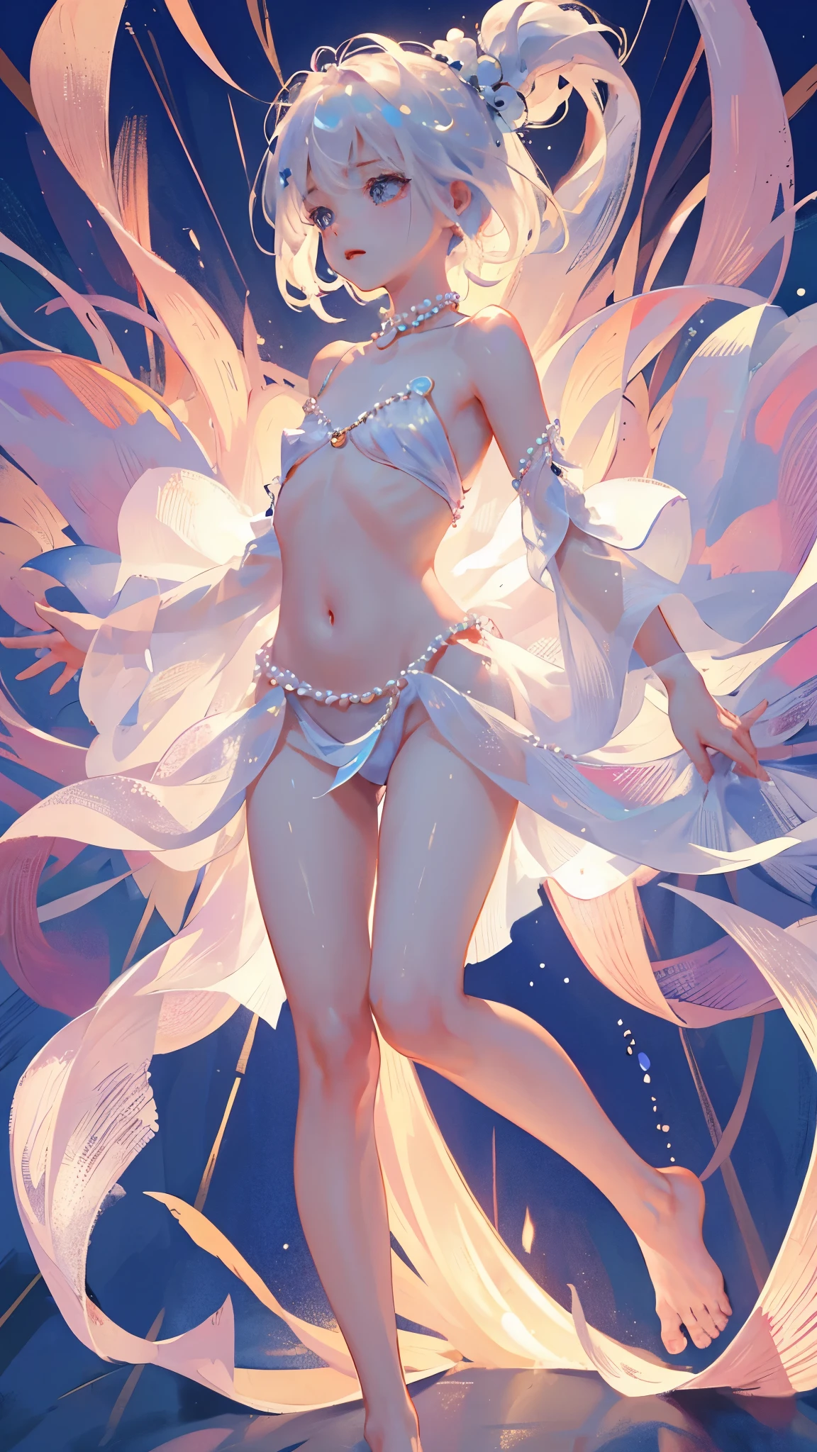 a girl、、Very cute、slim and beautiful、((small :1.2))、well drawn eyes、charming eyes、double tail、Wear jewelry and pearls around your neck,Transparent openwork、deep v、crystal pearl、在Wear jewelry and pearls around your neck,white hair, Showing thighs, bare shoulders, Show collarbone, Yao Liu, barefoot,((whole body))、painful posture