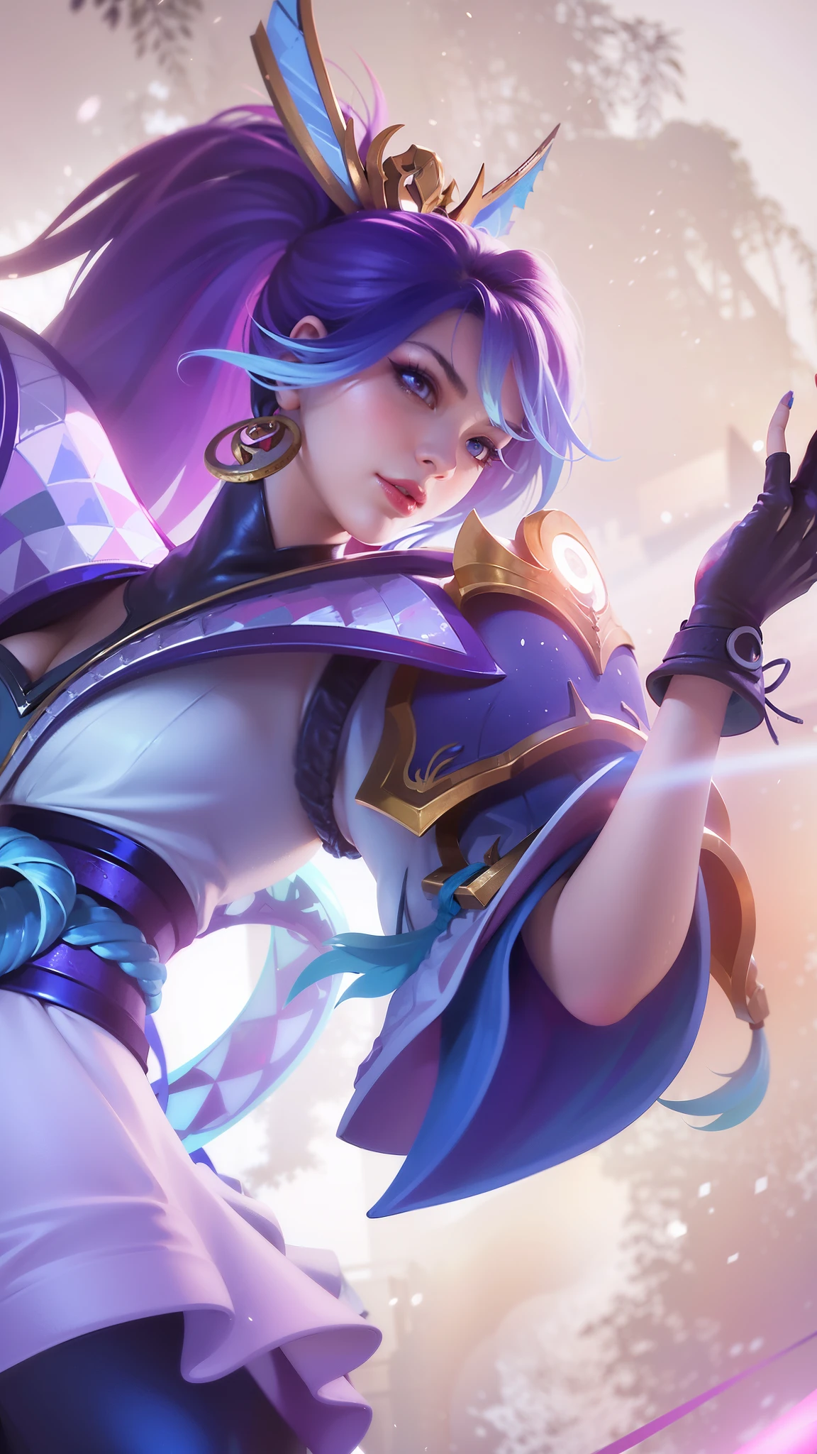 (female:1.2), 8k, ultra hd, ultra detailed texture, hyper realistic, masterpiece, detailed texture, detailed face, detailed skin, detailed lighting, (photorealistic:1.5), best quality, beautiful lighting, cinematic lighting, professional lighting, ultra highres, realistic, detailed hair, real hair, high quality, (realskin:1.5), extremely detailed, finely detail, ultra-detailed, 1girl, solo, elf, pointy ears, standing, demon horns, forehead protector, v-shapped eyebrow, lips, red lips, evil smile, nose, make up, pretty, beautiful, cute face, long hair, black hair, high ponytail, large breasts, cleavage, armpit, navel, stomach, black armor, pauldrons, bare shoulders, shoulder armor, thigh high, sleevless, detached sleeves, breastplate, gauntlets, karina \(mobile legends\), depth of field, looking aways, white skin, skin tight, amazing pose, outdoors, glowing, dark view.