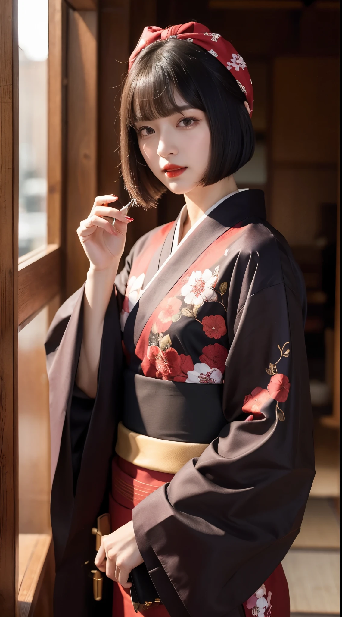 ulzzang-6500-v1.1, (RAW photo:1.2), (Photoreal), (genuine:1.4), (muste piece), Classy woman with perfect figure: 1.3, jet black hair、((Straight bob cut with neatly trimmed hair ends,short hair、bangs、red thin fabric hair band))、(She is wearing a dark purple long-sleeved kimono with an elegant pattern.。.)、standing with fan closed、Majestic Hall々, (murderous look:1.2)、 highly detailed face and skin, fine eyes, double eyelid, (full body shot:1.3)、wearing short boots、