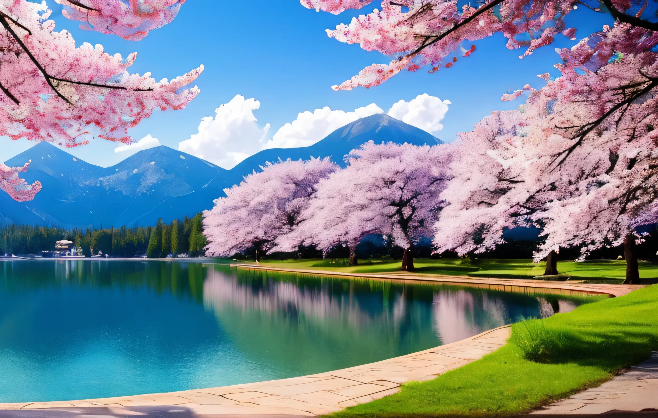 masterpiece, 最high quality, high quality,very detailed CG unity 8k wallpaper, A paradise-like place, village next to the mountain, beautiful lake , flowers, field , Depth of written boundary, HDR, bloom, chromatic aberration ,realistic,very detailed, art station trends, Trending on CGsociety, Complex, high detail, dramatic, art on the road、cherry blossoms、