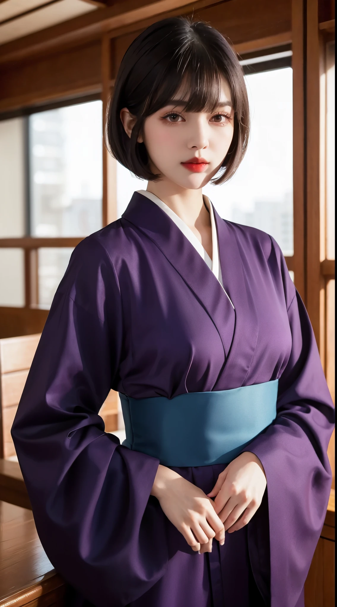 ulzzang-6500-v1.1, (RAW photo:1.2), (Photoreal), (genuine:1.4), (muste piece), Classy woman with perfect figure: 1.3, jet black hair、((Straight bob cut with neatly trimmed hair ends,short hair、bangs))、(She is wearing a dark purple long-sleeved kimono with an elegant pattern.)、standing with fan closed、Majestic Hall々, (murderous look:1.2)、 highly detailed face and skin, fine eyes, double eyelid, (full body shot:1.3)、wearing short boots、