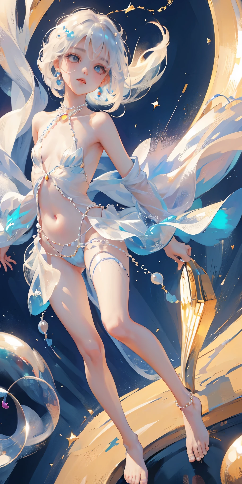 a girl、、Very cute、slim and beautiful、((small :1.2))、well drawn eyes、charming eyes、double tail、Wear jewelry and pearls around your neck,Transparent openwork、deep v、crystal pearl、在Wear jewelry and pearls around your neck,white hair, Showing thighs, bare shoulders, Show collarbone, Yao Liu, barefoot,((whole body))、painful posture