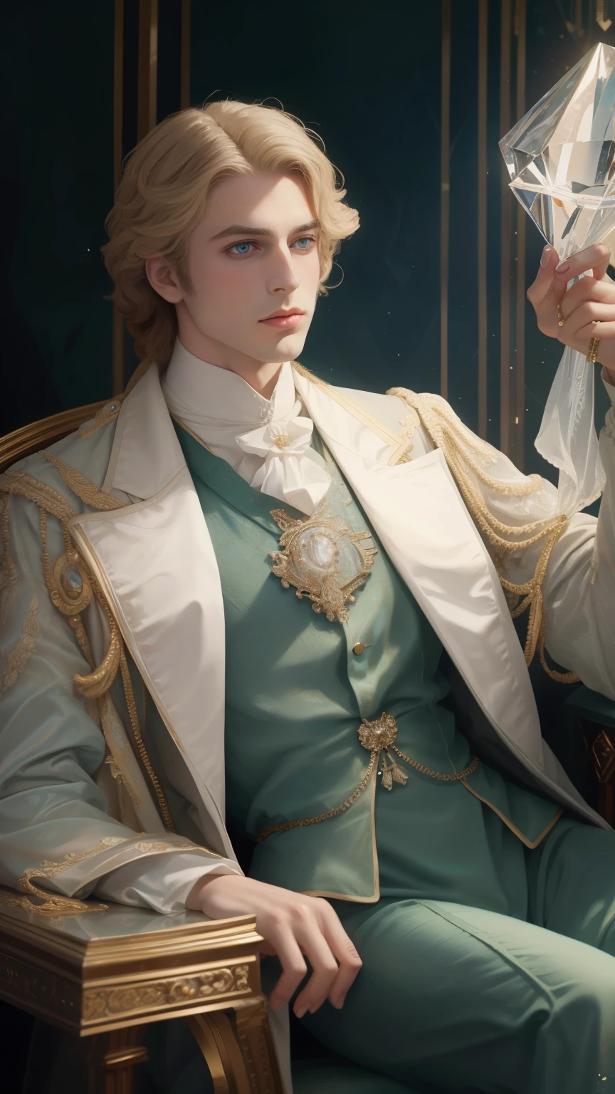 tmasterpiece，Highest image quality，a bust of a handsome royal man，Delicate blonde hairstyle，The green eyes are crystal clear，Victorian era style, noble, full of wise, super detailing。
