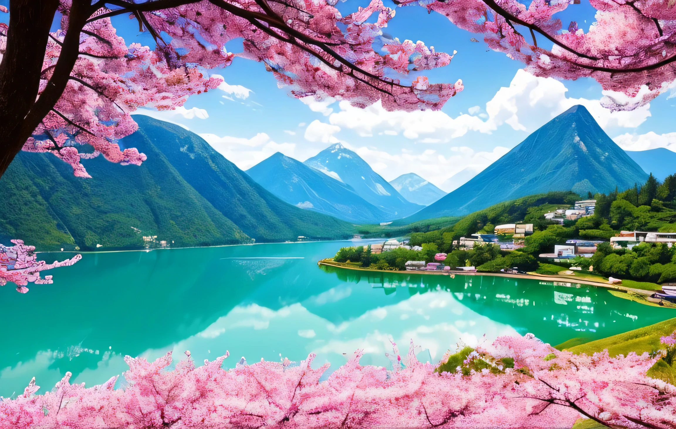 masterpiece, 最high quality, high quality,very detailed CG unity 8k wallpaper, A paradise-like place, village next to the mountain, beautiful lake , flowers, field , Depth of written boundary, HDR, bloom, chromatic aberration ,realistic,very detailed, art station trends, Trending on CGsociety, Complex, high detail, dramatic, art on the road、cherry blossoms、