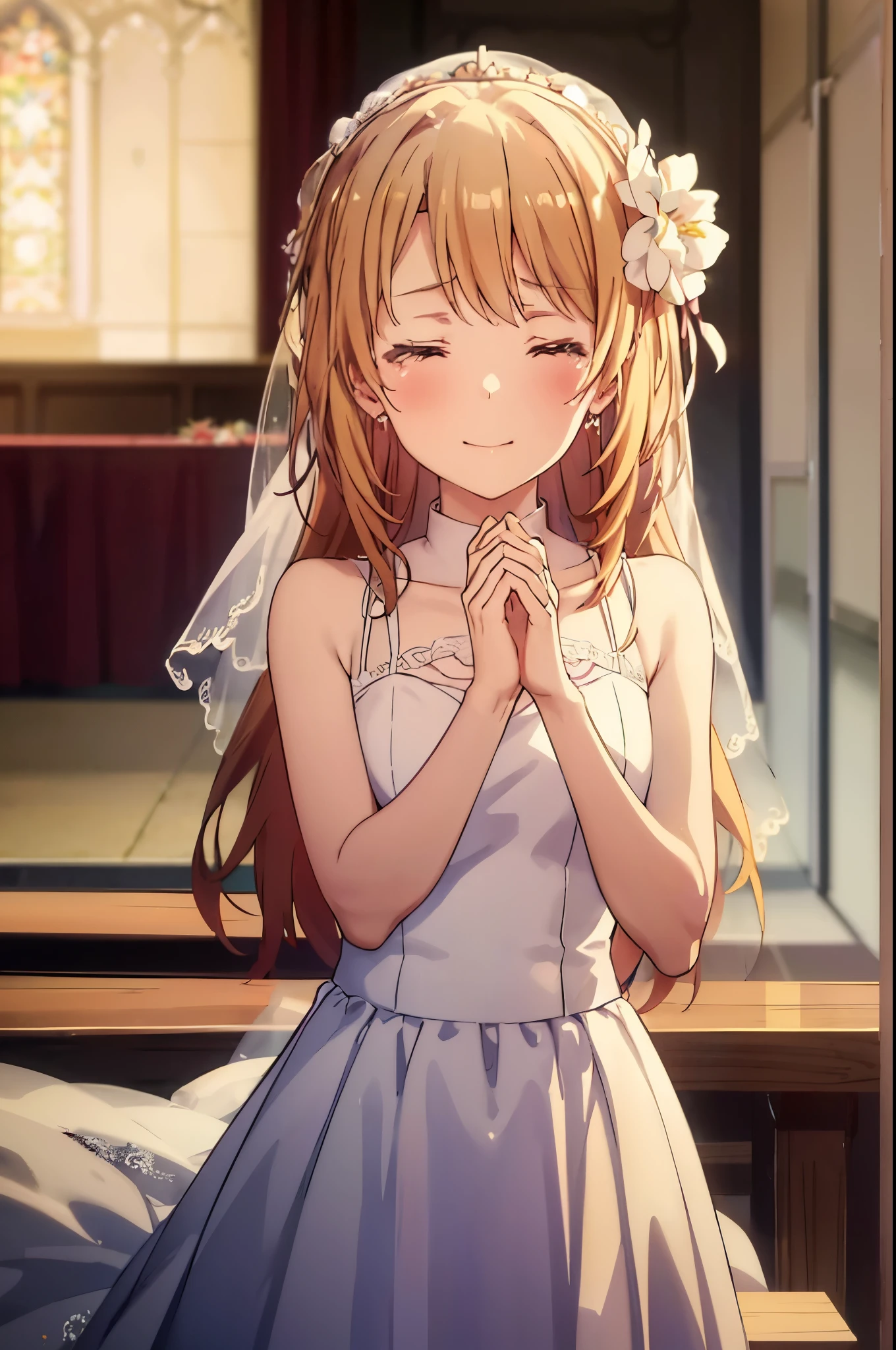 irohaisshiki, iroha isshiki, long hair, brown hair, open your mouth,smile,happy atmosphere,crying with both eyes closed,tears run down her face,Crying with joy,blush,smile, Wedding dress,veil,Wedding Skirts,bouquet,bouquetトス,holding a large bouquet of flowers in both hands,So that the whole body goes into the illustration,Hanabubuki,wedding style, break indoors, church,chapel,
break (masterpiece:1.2), highest quality, High resolution, unity 8k wallpaper, (figure:0.8), (highly detailed face, perfect lighting, Very detailed CG, (perfect hands, perfect anatomy),