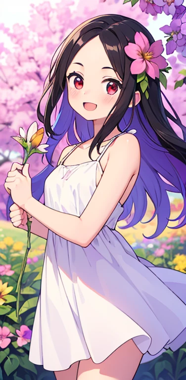 (8K、highest quality、masterpiece:1.2)、Super detailed、super resolution、Realistic、anime:1.2,(1girl)  、(black hair)、long hair,straight hair,red eyes、(forehead:1.3),(face focus,cowboy shot),(one piece white dress :1.5)、(light smile:1.3),(cute face,blush)、open mouth,small breasts,(surrounded by many colorful flowers:1.8 ),