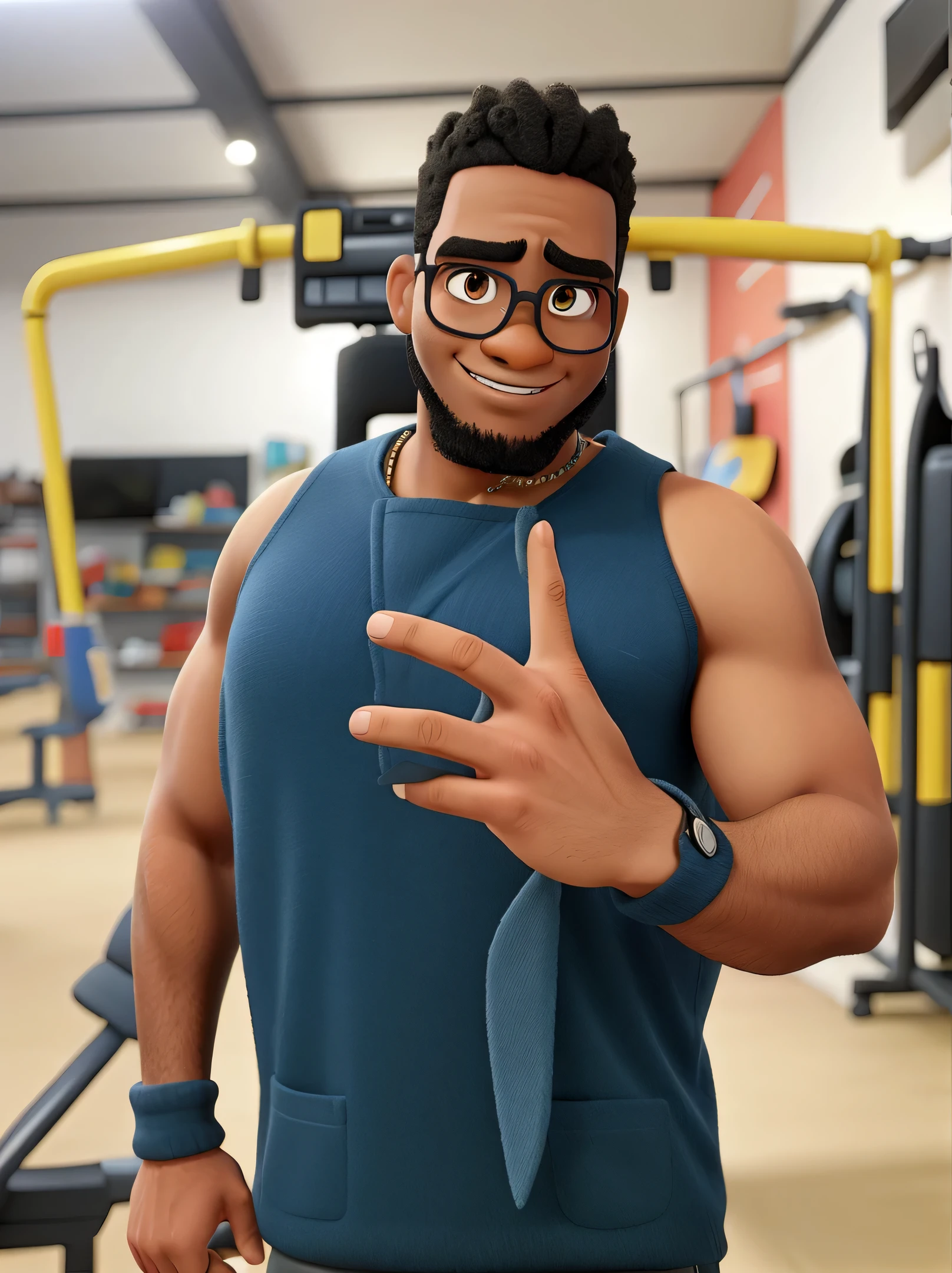 work of art,best qualityer, A young man , with dark skin ,slim man in the gym with glasses and short black hair, wearing a white sleeveless t-shirt and black gym pants, Disney style.